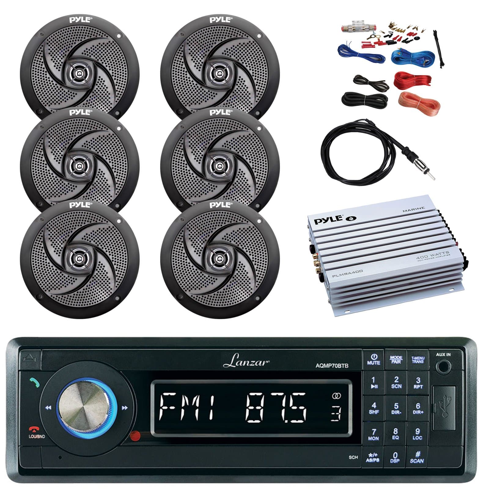 Lanzar AQMP70BTB Single DIN in Dash Bluetooth AUX USB MMC SD MP3 Boat Receiver, 6X Pyle PLMRS6B 6.5" Marine 2 Way 240 Watts Black Speakers, 4-Channel Amplifier, 8 Gauge Amp Install Kit, 40" Antenna