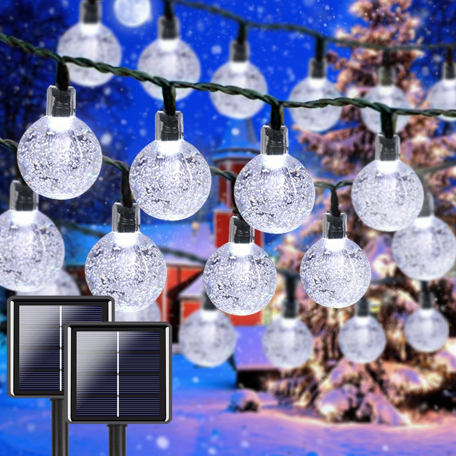 White 2-Pack 100 LED 64FT Crystal Globe Solar Christmas Lights Outdoor, Waterproof Solar String Lights Outdoor Decorative, 8 Lighting Modes Solar Patio Lights for Christmas Decor Garden Wedding Party