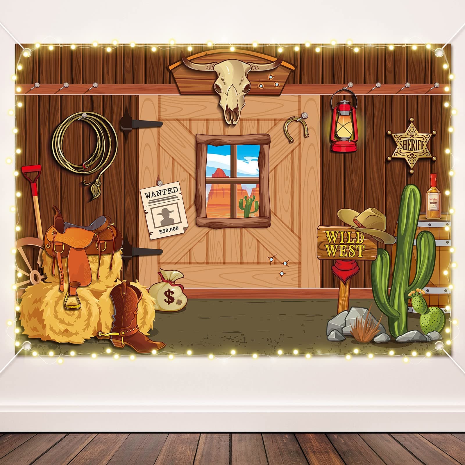 Western Cowboy Backdrop 7 x 5 ft Western Party Backdrop Vintage Cowboy Party Decorations Wild West Wooden House Barn Photography Background Photo Booth Props Baby Shower Birthday Party Supplies Decor