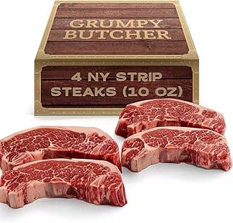 Grumpy Butcher New York Strip Steaks, 10 Ounce (Pack of 4) - Prime Steakhouse Quality Beef NY Strip Steak Meat - Meat Gift Packages Specials Avaialble