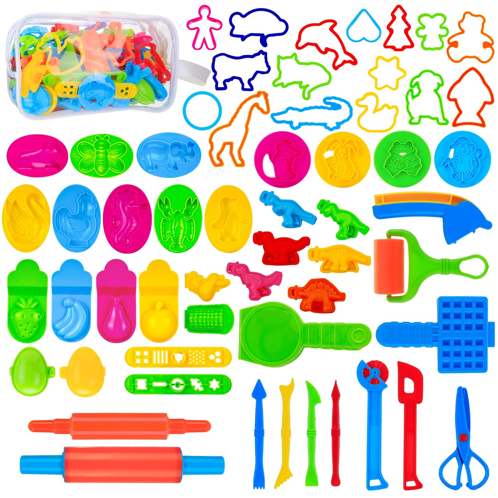 Kids Dough Play Tools Set - 57 Pack Playdough Cutters Kit with Storage Bag, Clay Accessories with Rolling Pins Dinosaur Food Shapes Modelling Cutter Toy Gift for Toddlers Children 2 3 4 5 6 Years Old