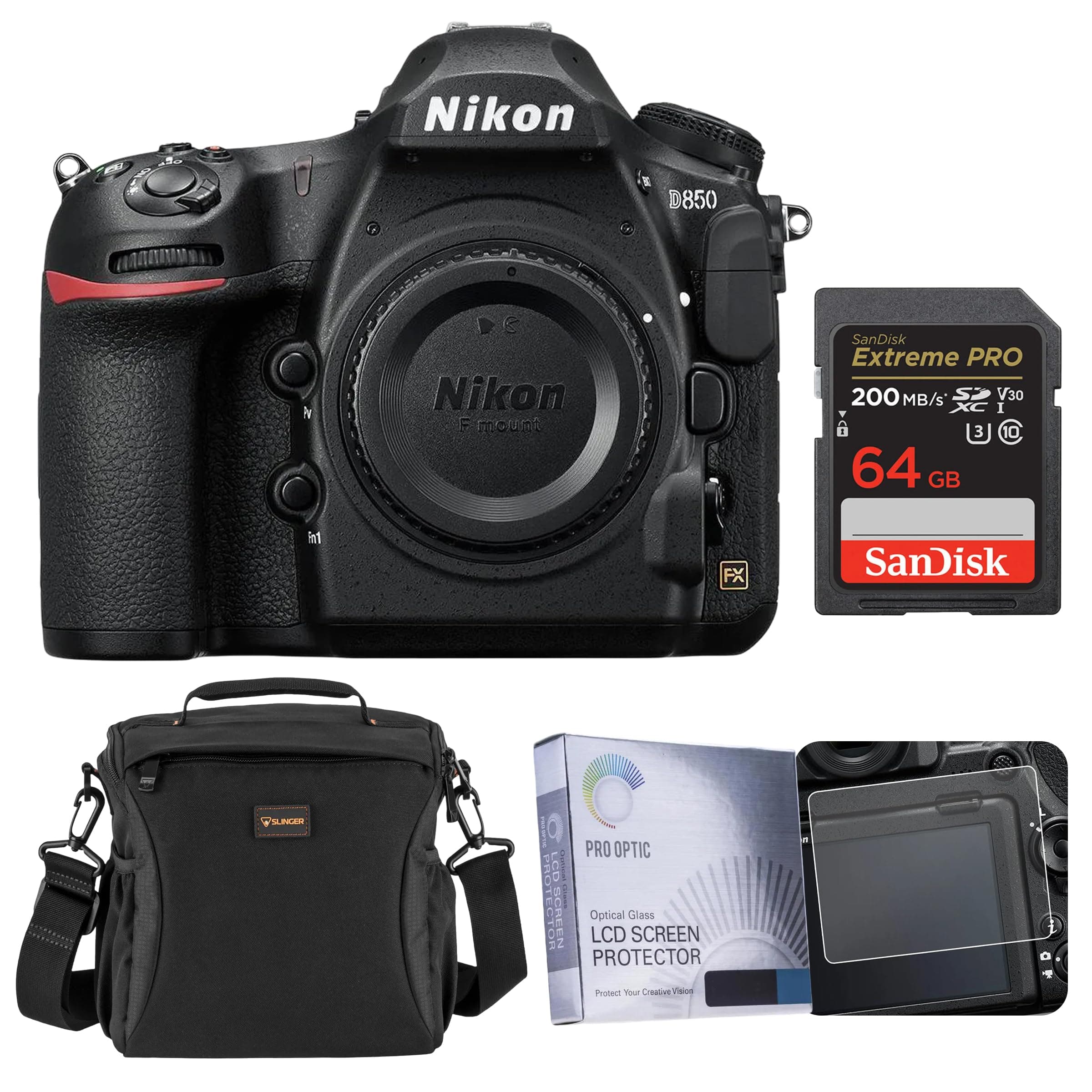 Nikon D850 DSLR Camera, with 64GB Memory Card, Slinger Shoulder Bag, Screen Protector, Nikon 1 Year Warranty