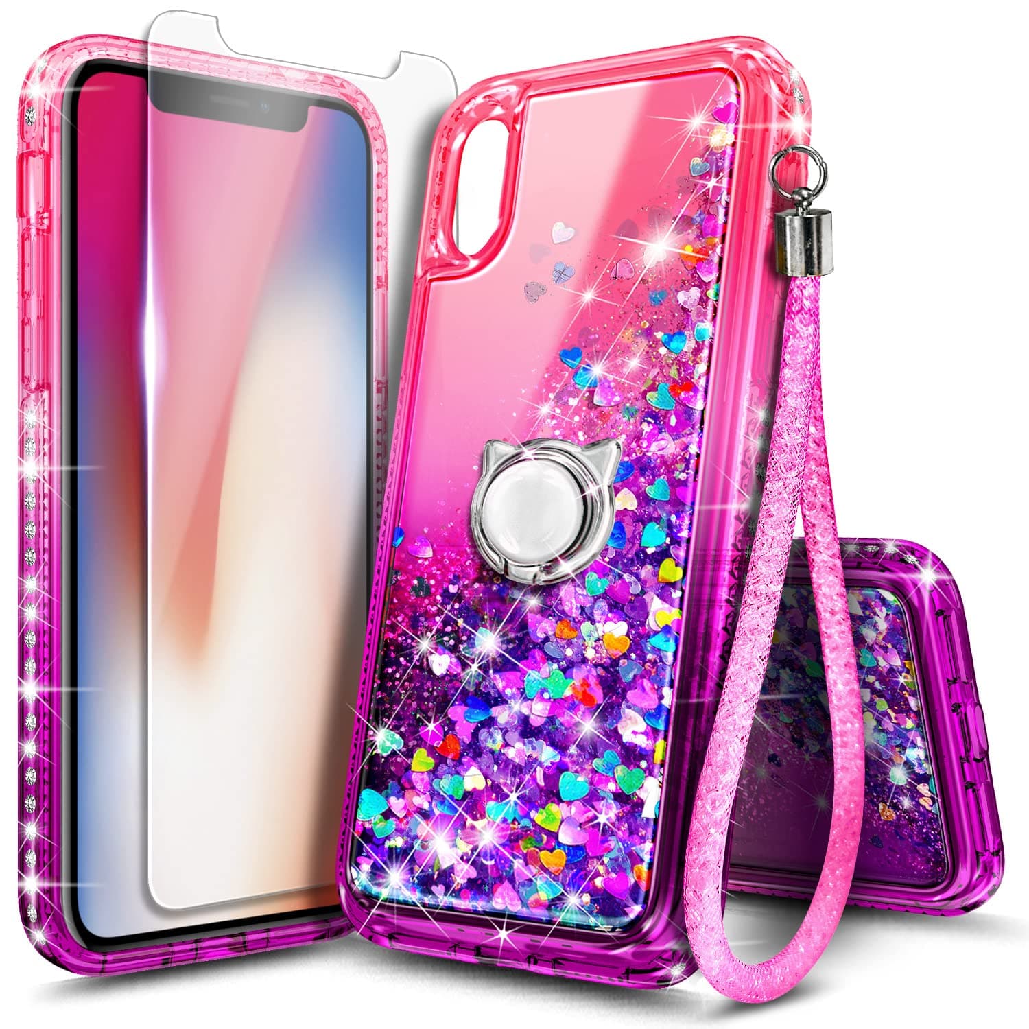 NGB Supremacy Designed for iPhone XR Case with [Tempered Glass Screen Protector & Ring Holder/Lanyard Wrist Strap] for Girls Women Kids, Glitter Liquid Bling Cute Sparkle Cover (Pink/Purple)