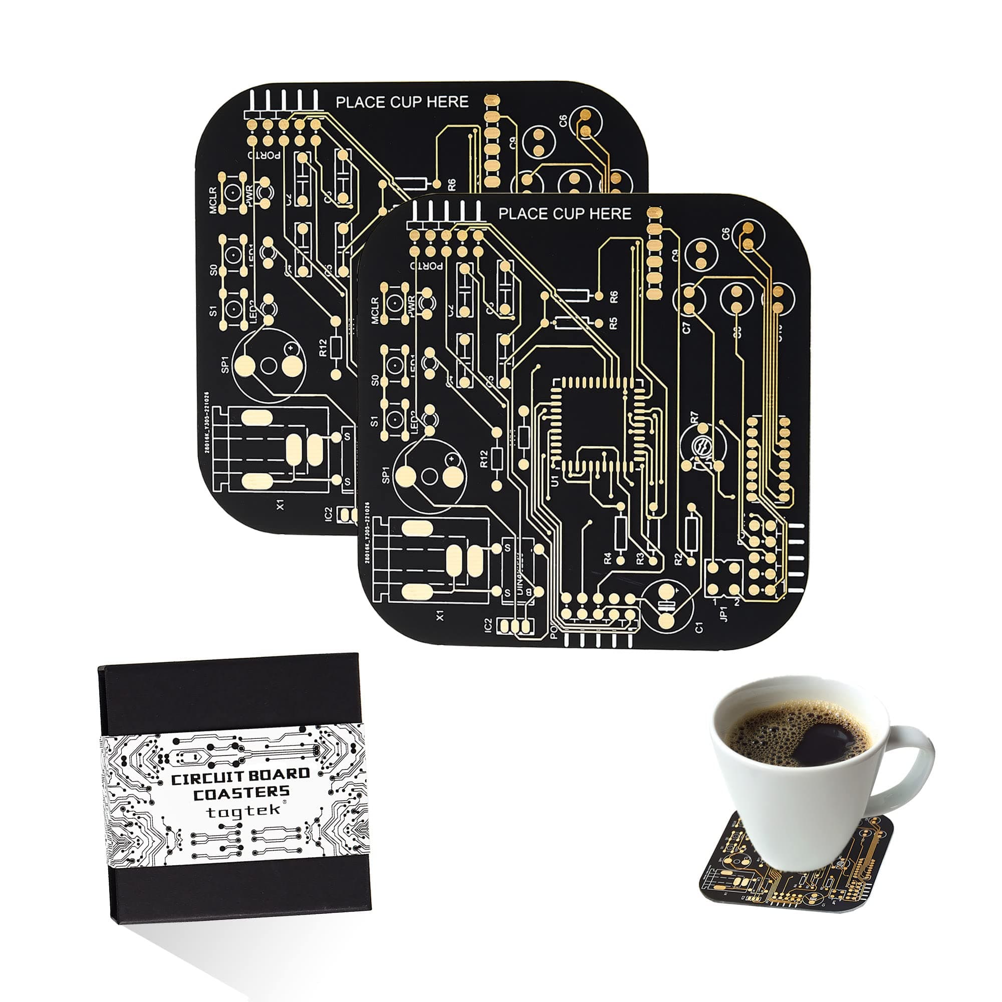 Coasters for Drinks in PCB-Design Black Coasters Decor with Immersion Gold Circuit Board Coaster for Coffee Table Gamer Bar Office Cute Stuff for Boyfriend Geeky Engineer Dad Men (2 x Black/Pack)