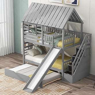 Harper & Bright Designs Stairway Bunk Beds Twin Over Twin with Slide for Kids, Twin Size Bunk Bed with Trundle and Storage Stairs for Kids Teens Bedroom, No Box Spring Required, Space Saving, Gray