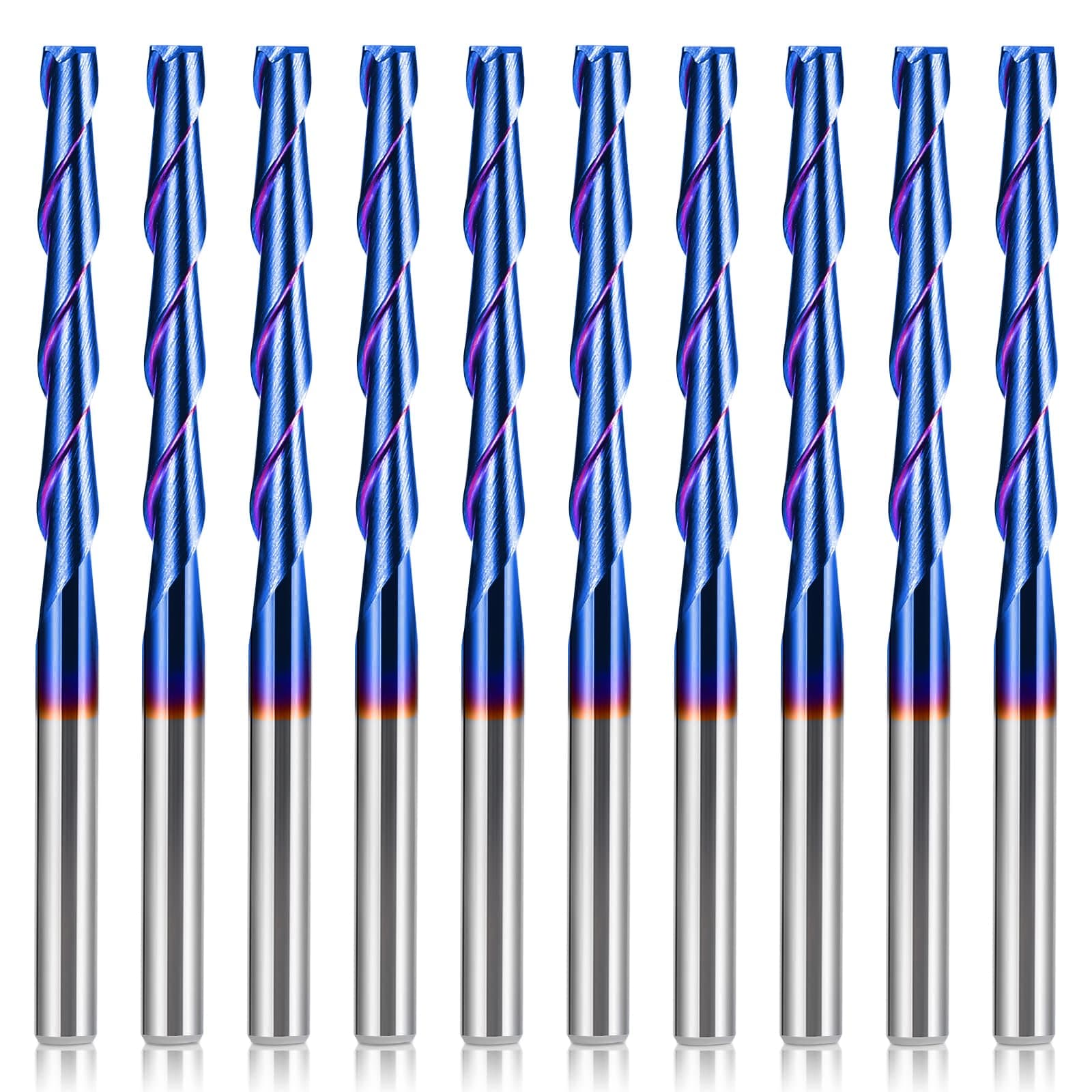 HQMaster CNC Router Bits 1/8" Shank CNC Bit End Mill Flat Nose Carbide Endmill Two Flute Spiral Upcut Milling Cutter Tool Set for Wood PVC MDF Hardwood 10Pcs (3.175mm, Total Length: 50mm)