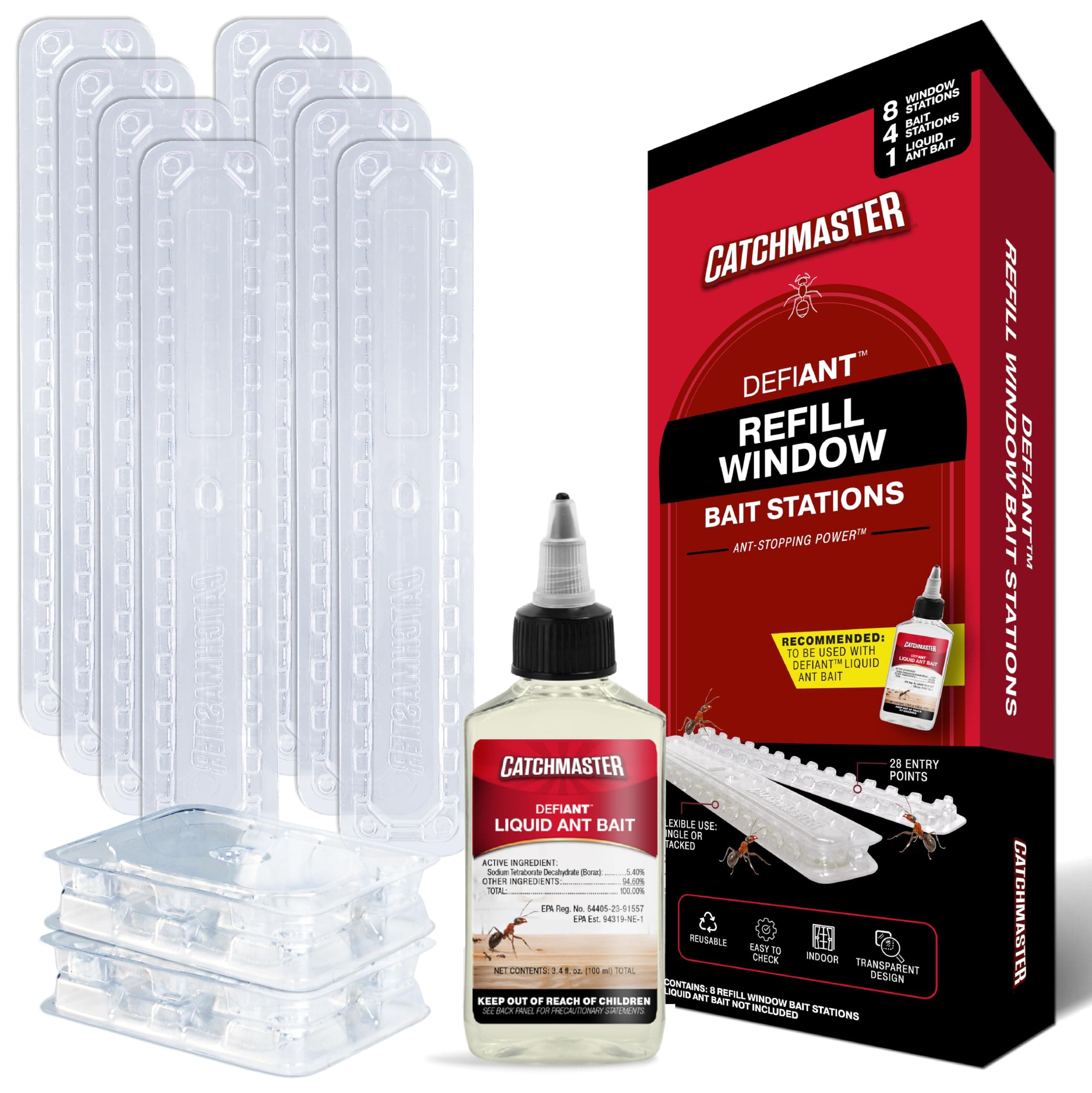 Catchmaster DEFIANT Liquid Ant Bait + 4 Classic Ant Stations + 8 Window Sill Stations Bundle, Multi-Surface Pest Control Traps for Home & Outdoor, Reduce & Remove Colonies
