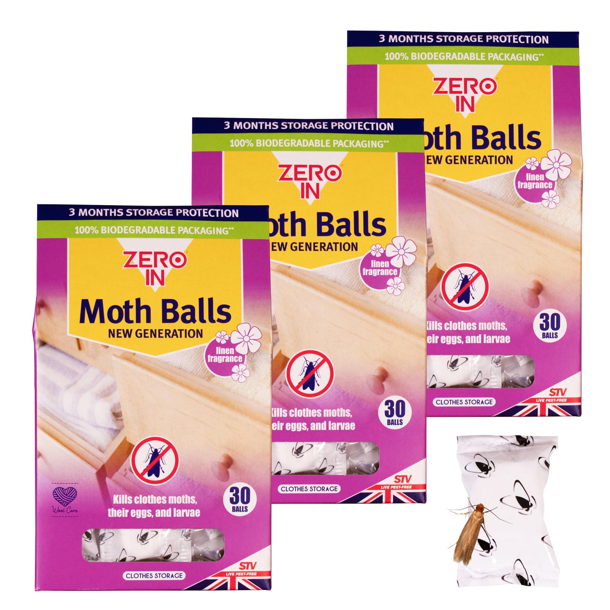 New Generation Moth Balls - Effective Moth Killer for Wardrobes - Up to 3-Months Protection - Advanced Transfluthrin Formula - Drawers, and Storage Bags – Multipack 30 X3