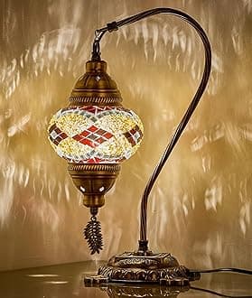 DEMMEX Turkish Moroccan Mosaic Table Lamp–Handcrafted Tiffany-Style Colorful Glass Swan Neck Bedside, Desk Light, Boho Artisan Accent Lighting for Bedroom, Living Room–38cm H, Black-Brown