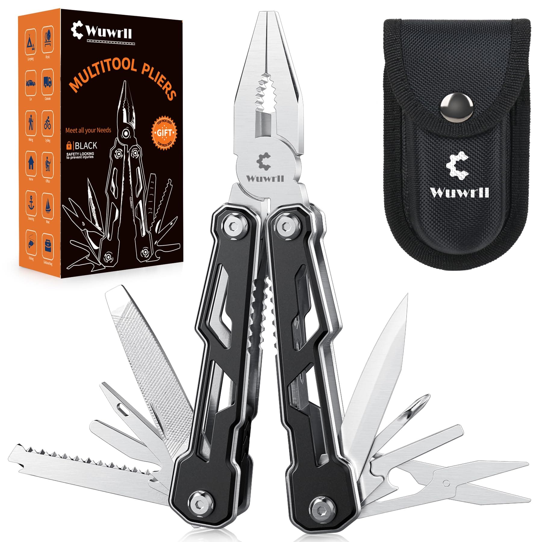 Wuwrll Multitool with Safety Locking,16-in-1 Multi Tool Stainless Steel Pocket Knife Set with Pliers, Upgrade Camping Tool Gifts for Men,for Survival, Camping, Hiking, Outdoor 1 Pcs