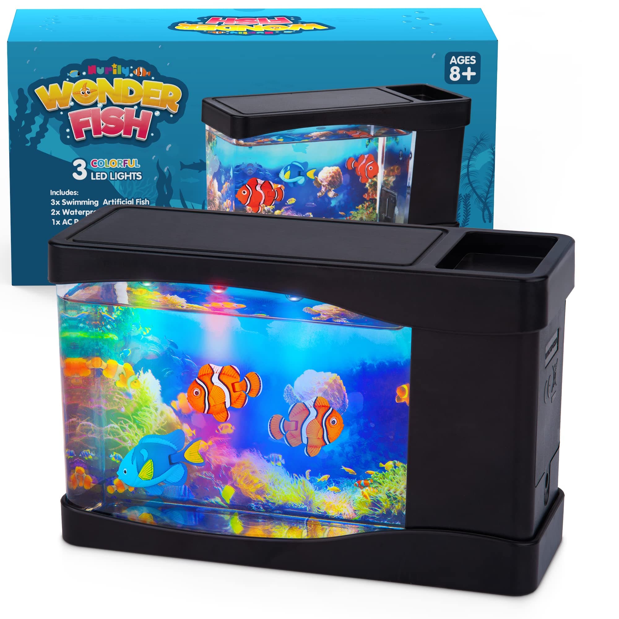 Artificial Fish Tank Virtual Ocean Toy in Motion Lamp - Mini Office Desk Aquarium 3 Colorful LED Lights, Moving Bubbles, Gift for Kids and Adults