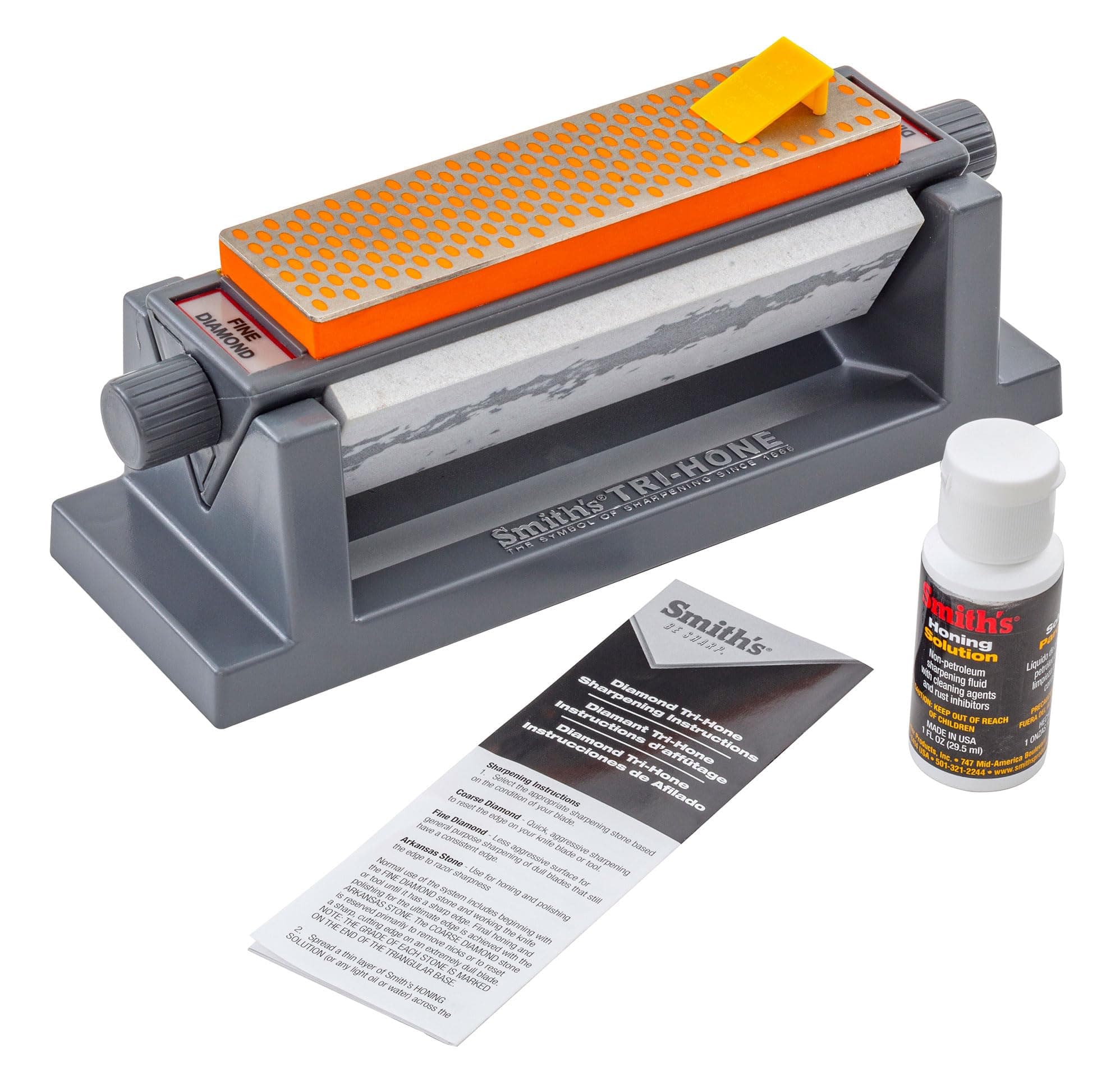 50448 6” Diamond Tri-Hone Stone Sharpening System - Grey - Fine, Natural, & Coarse Stones - 3-Way Honing - Nonslip Rubber Feet - Restore Tools, Hunting, Kitchen, Fishing & Pocket Knives