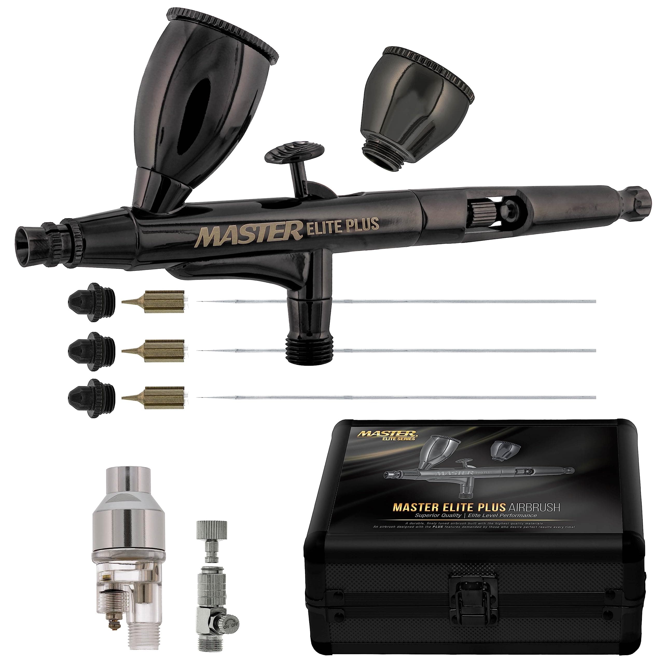 Master Elite Plus Ultimate Airbrush Set, Model 120 - Elite Level Spray Performance Dual-Action Gravity Feed Airbrush Kit with 3 Tips 0.2, 0.3 and 0.5 mm, 2 Cups, Filter, Case - Auto Art Cake Hobby