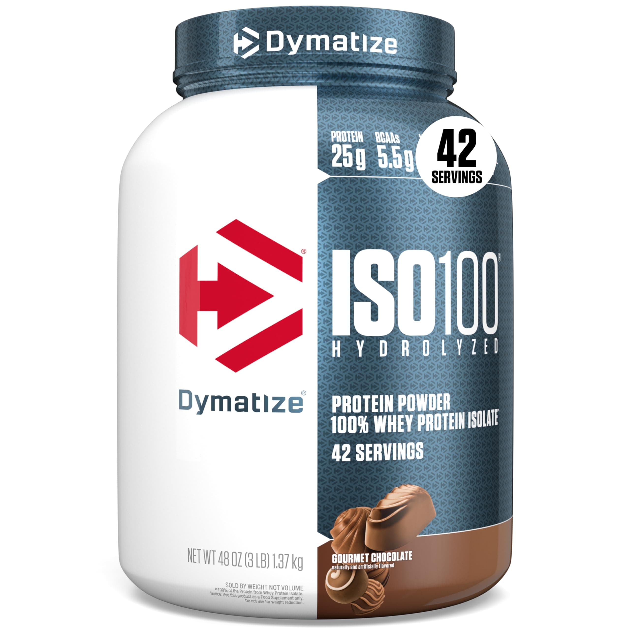 Dymatize ISO100 Hydrolyzed Protein Powder, 100% Whey Isolate Protein, 25g of Protein, 5.5g BCAAs, Gluten Free, Fast Absorbing, Easy Digesting, Gourmet Chocolate, 3 Pound (42 Servings)