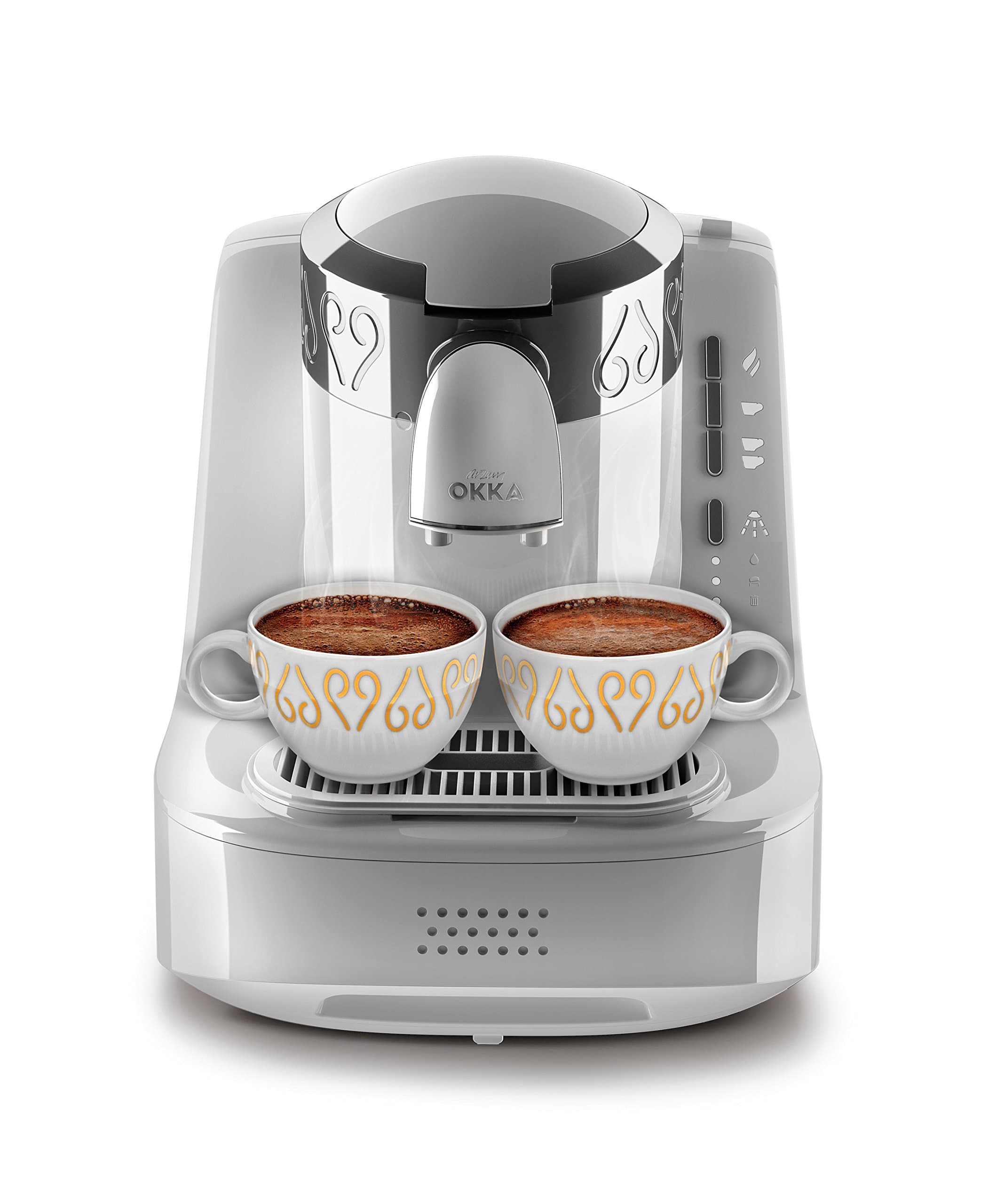 ARZUM OKKA Fully Automatic Turkish Coffee Maker | Direct-to-Cup, One-Touch Self-Cleaning, & Guaranteed Perfect Foam | White/Chrome (OK002W). 1 Year Manufacturing Warranty