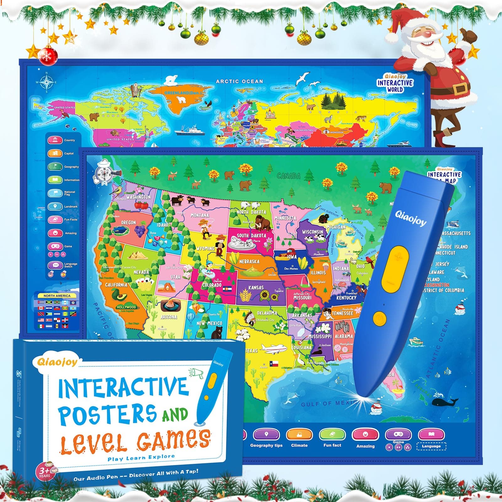 Qiaojoy Bilingual Interactive for Kids Talking USA Map World Map for Kids Learning, Geography Toys Games Educational Electronic Map Personalized Gift/Toys for 4 5 6 7 8 9 10 Year Old Girls/Boys