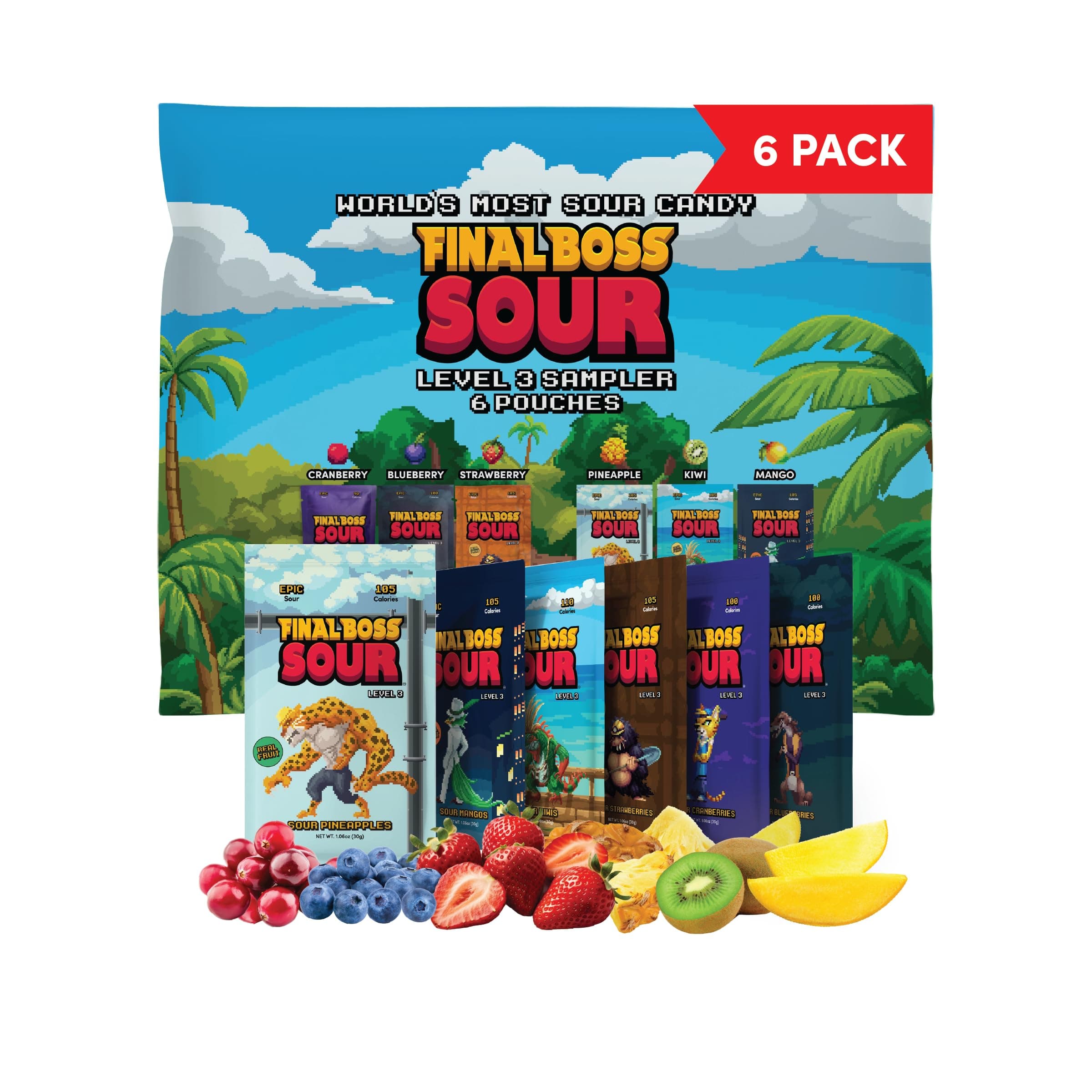 Final Boss Sour Candy, Variety Pack, 6 Packs, Level 3, Extreme Sour Fruit Chews with Real Dried Fruit, No Artificial Colors or Flavors, Low Calorie Snack for Kids, Teens & Adults