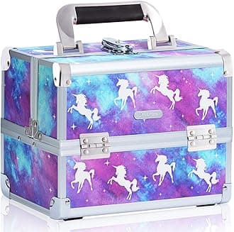 JoligraceMakeup Train Case Cosmetic Box Portable Makeup Organixer Case with Mirror 2 Trays Key Lock Makeup Box Organizer Storage Craft Case for Makeup Artist, Nail Kits, Crafter Unicorn
