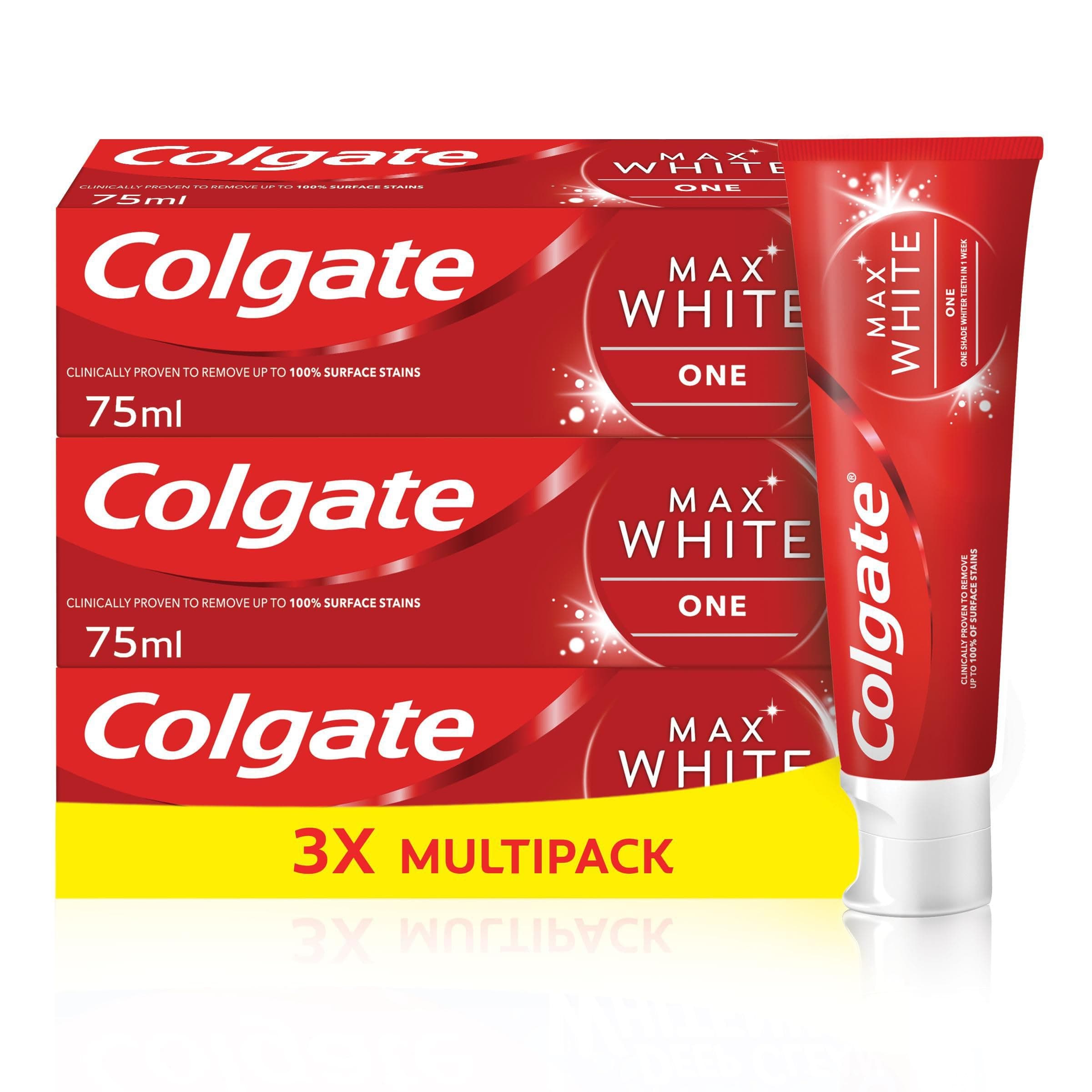 Colgate Max White One Toothpaste 3 X 75ml - Teeth Whitening Toothpaste - Clinically Proven Formula - Removes up to 100% of Surface Stains - Contains Whitening Accelerators - 1 Shade Whiter in 1 Week