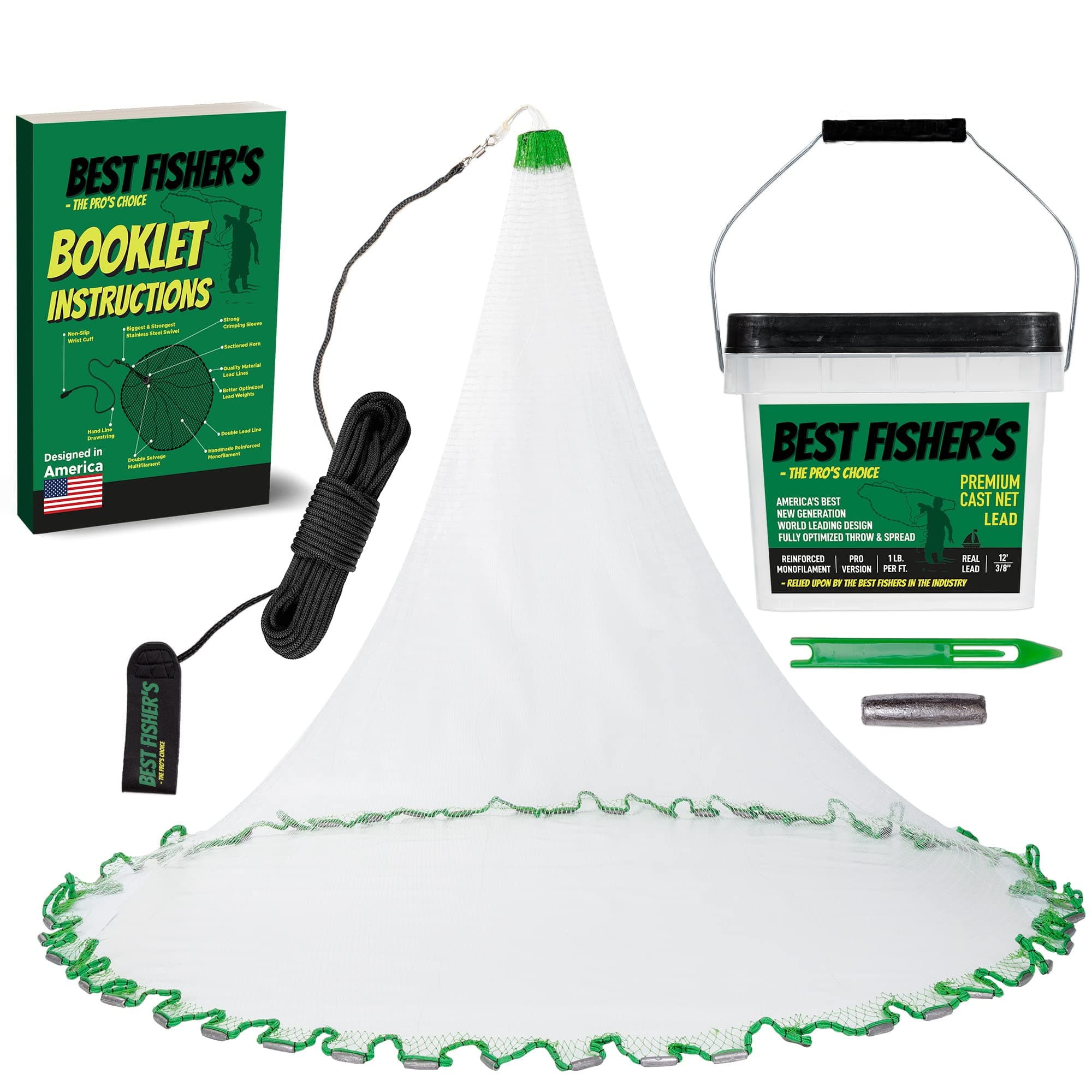 American Pro Cast Net - 4ft/6ft/8ft/10ft/12ft - 3/8" Mesh - Real Lead 1-lbs/ft Double Line - 2024 Upgraded & Optimized - Old Salt Premium Cast Nets for Fishing - E-Book & Utility Box Included
