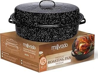 Granite Roasting Pan, 10 lb Capacity Turkey Roasting Pan with Lid, 15" Granite Oven Roaster Oval Shaped Speckled Enamel on Steel Cookware