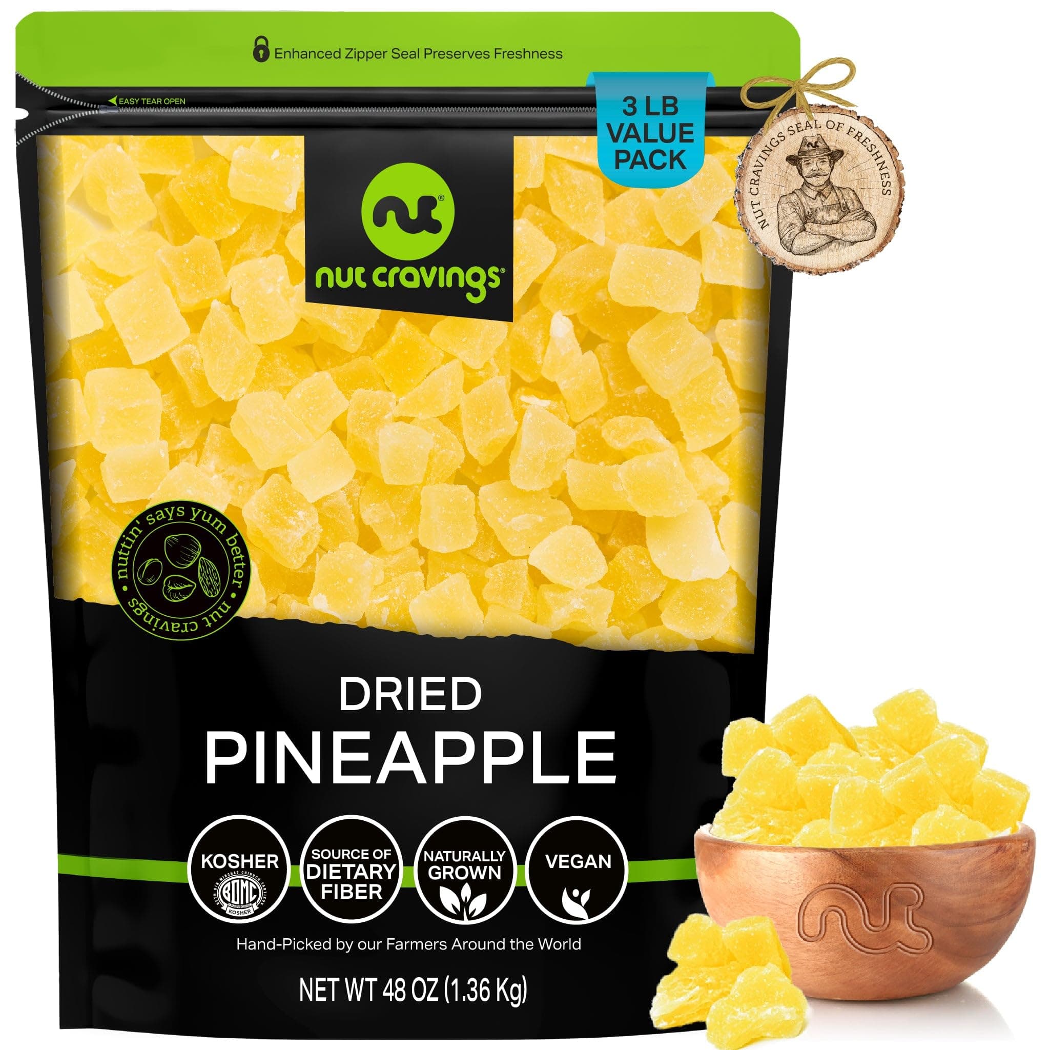 NUT CRAVINGS - Dried Pineapple Chunks, Lightly Sweetened (48oz, 3 LB) Sweet Healthy Snack, Vegan, Kosher, Resealable Bag