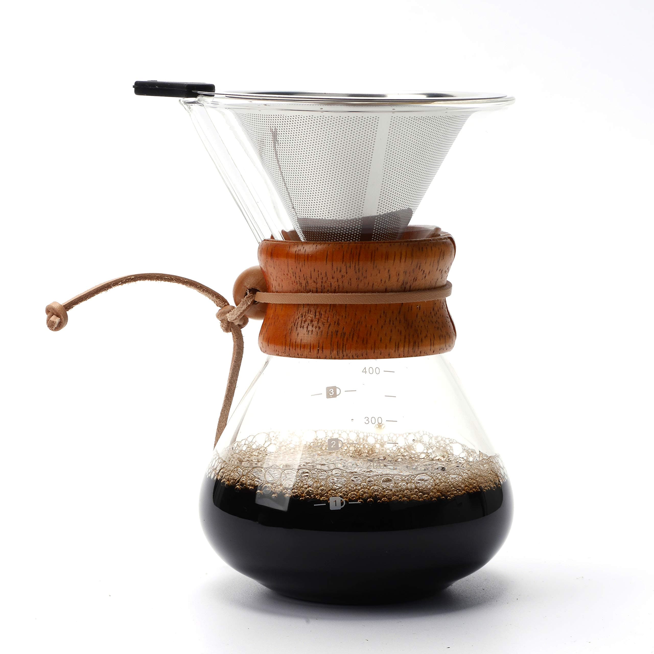 Pour Over Coffee Maker with Permanent Filter 400ml, Reusable Stainless Steel Filter,Layered,Transparent 3 Cup (400ml)