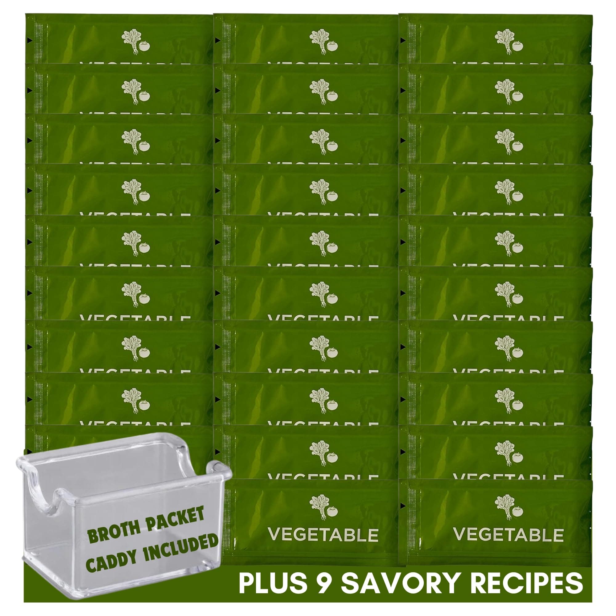 Savory Choice Vegetable Broth Concentrate Reduced Sodium Packets Bundle (30 Pack), Bundled with Veggie Broth Caddy and 9 Soup & Savory Recipes by Foxtail Collective, Convenient, Gluten-Free