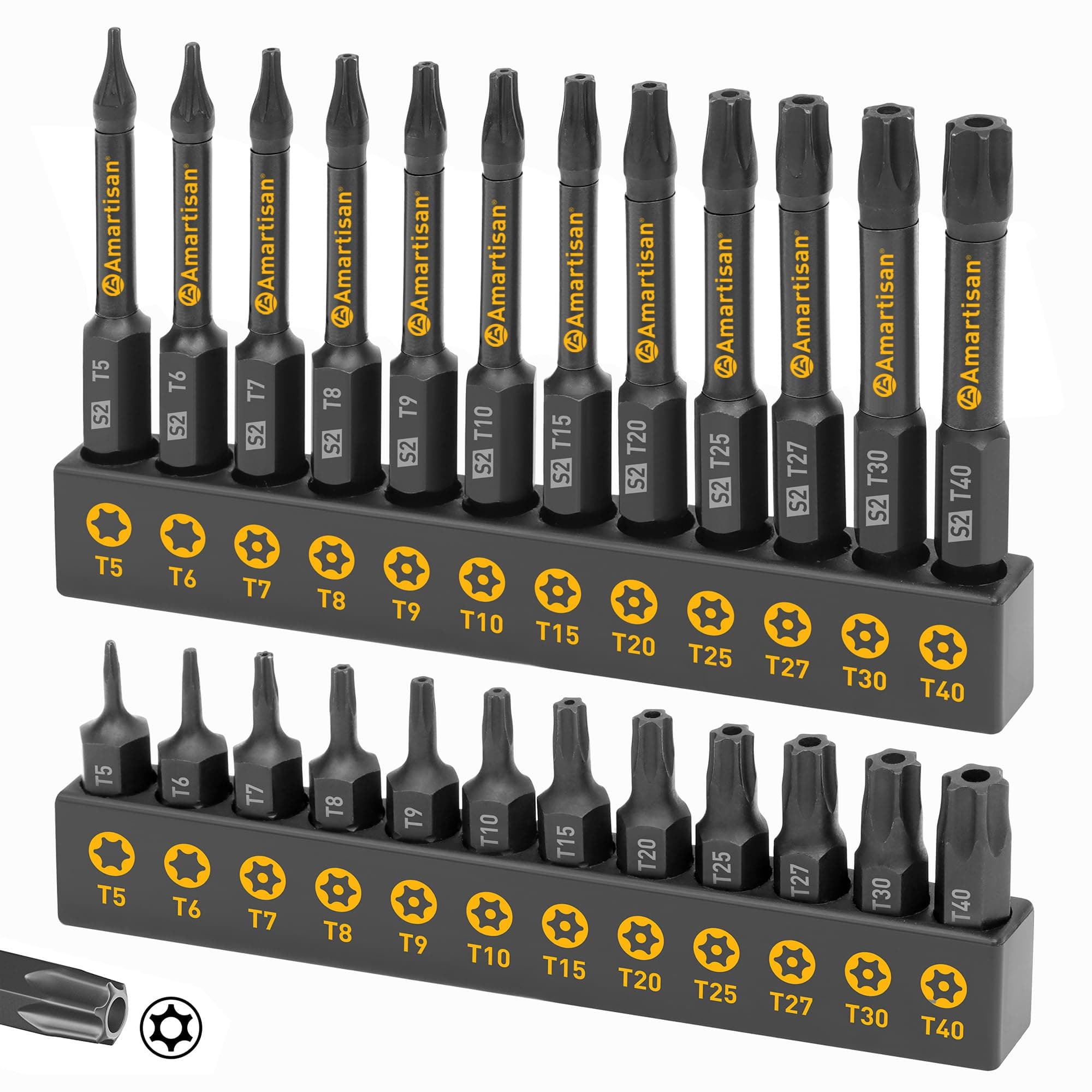 Torx Bit Set, 24-Piece Security and Tamper Resistant Star Bits Set S2 Steel, 1" and 2.3" Long T5 - T40