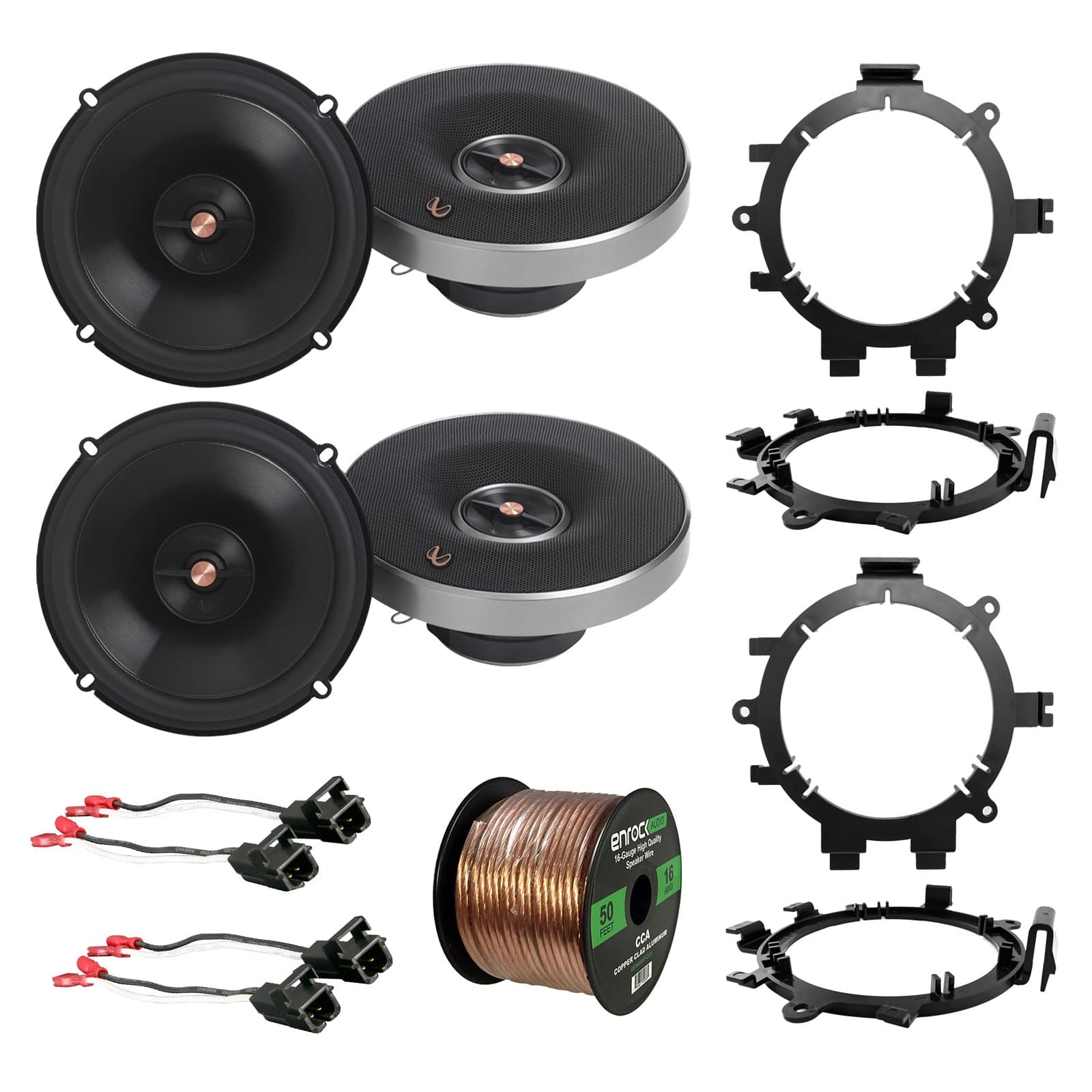 4X Infinity Primus Series 6.5" 2-Way Multi-Element Speakers, with 4X Enrock Speaker Mounting Brackets, 4X Speaker Wire Harness, Enrock 16-Gauge 50 Foot Wire