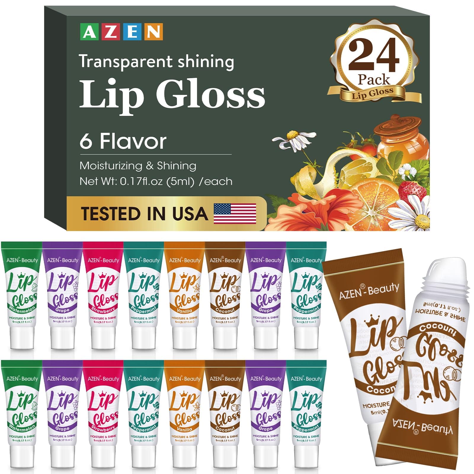 AZEN 24 Pack Lip Gloss Set, Clear Lip Gloss Bulk, Lip Oil for Dry Cracked Lips Moisturizing Hydrating Nourishing with Vitamin E, Valentines Gifts Easter Basket Stuffers