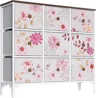LYNCOHOME Chest of Drawers, Pink Bedroom Furniture with 9 Fabric Drawers, Storage Unit with Metal Frame and Wooden Top for Bedroom Living room, Nursery, Closet