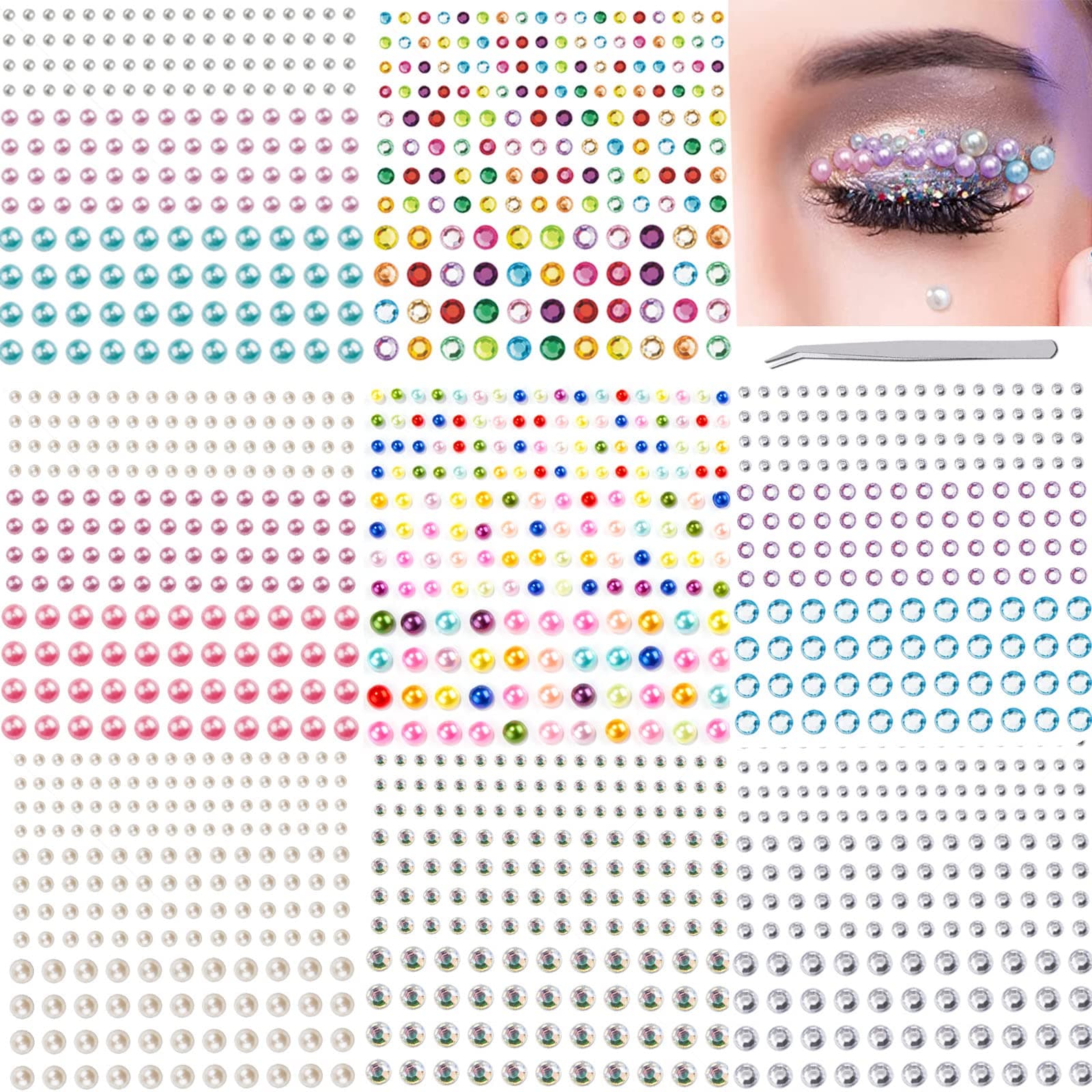 8 Sheets Face Jewels Eye Gems for Makeup, Flat Back Pearls Sticker, Makeup Pearl, Pearl Face Gems Stickers for Hair Nail Art Cell Phone DIY Crafts Scrapbooking（Pearl +Jewel Stickers）