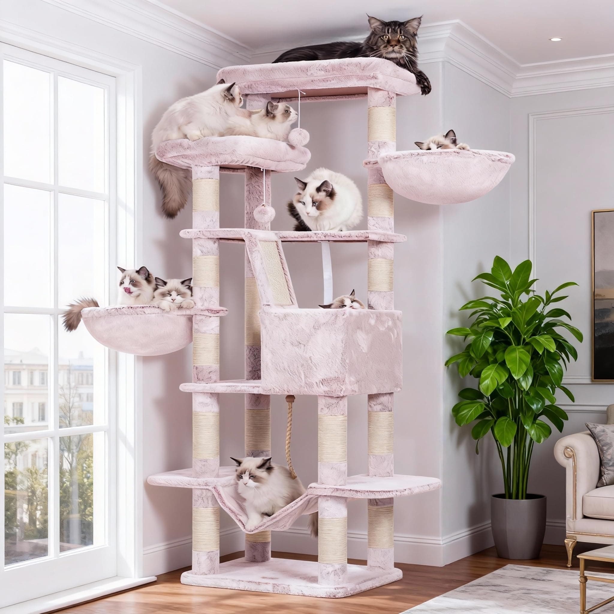 Heybly Hebly Cat Tree,68 inch Multi-Level Cat Tower for Indoor Cats,2 Widened Plush Perches Cat Condo with Scracthing Board and Big Caves,Muchroom HCT025MU