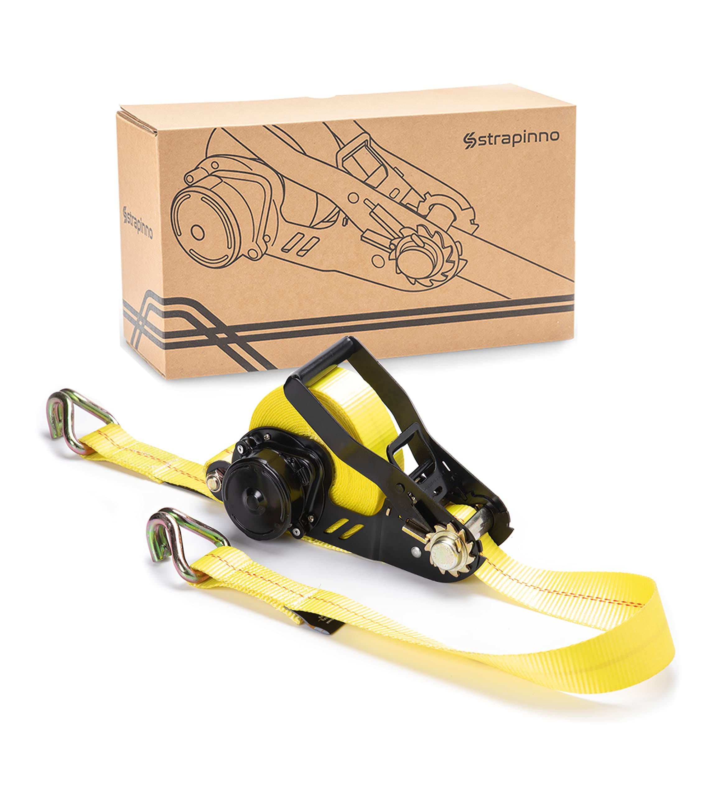 Retractable Ratchet Tie-Down Strap - 2 in x 27 ft Heavy-Duty Strap with Double J Hooks, Tangle-Free Webbing, 10,000lbs Breaking Strength, and 3,333lbs Working Load Limit