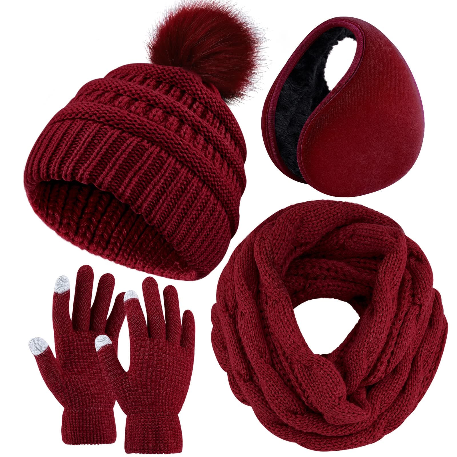 4-In-1 Winter Warm Sets Knitted Scarf Touch Screen Gloves Beanie Pompom Hat and Winter Ear Warmer for Men or Women