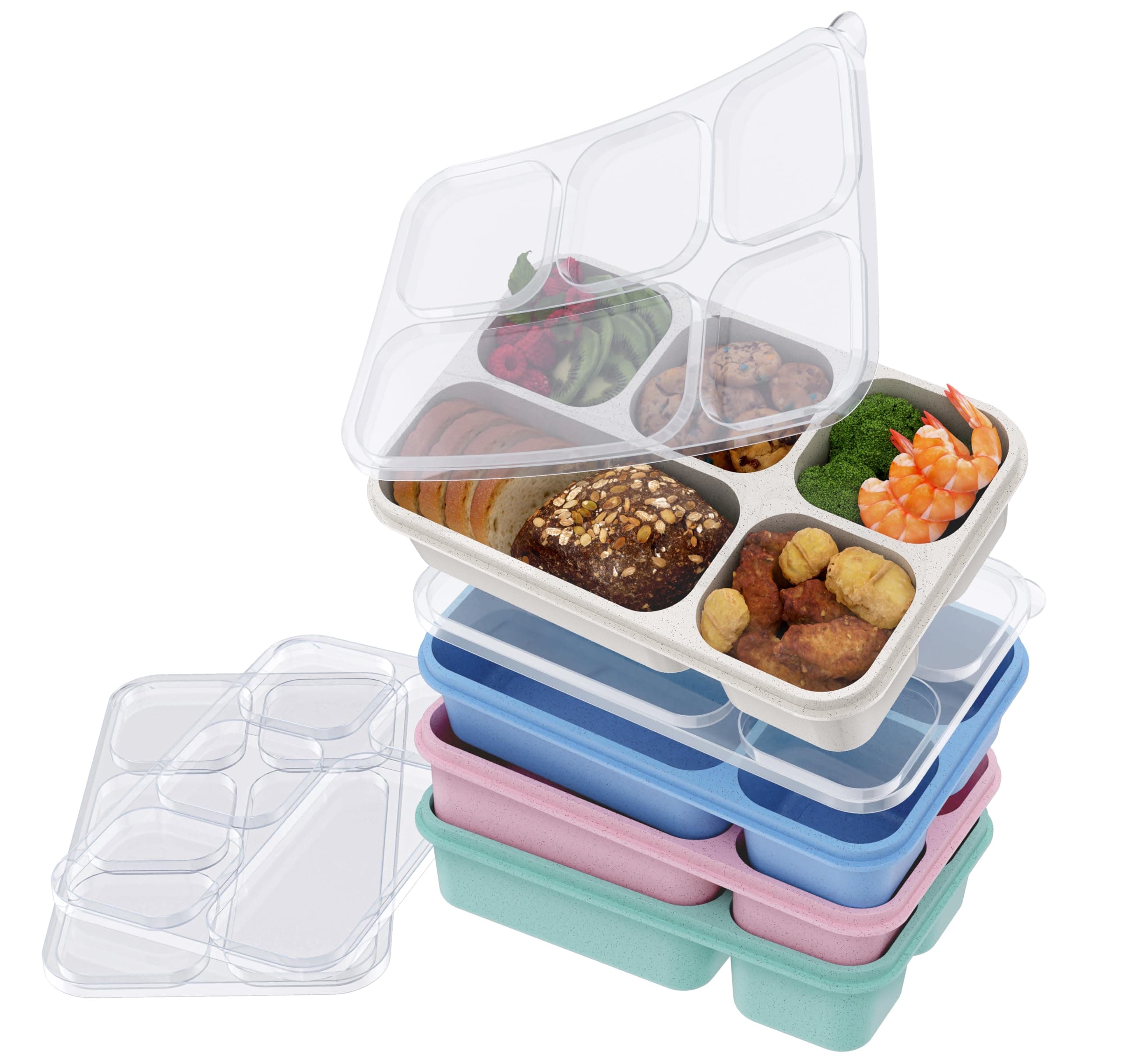 Bento Lunch Box 4-Pack, 5-Compartment Lunch Boxes, Kids Snack Boxes, Stackable Ready Parties, Divided Food Storage Containers for School Work Travel Parties BBQ (Wheat.ui)