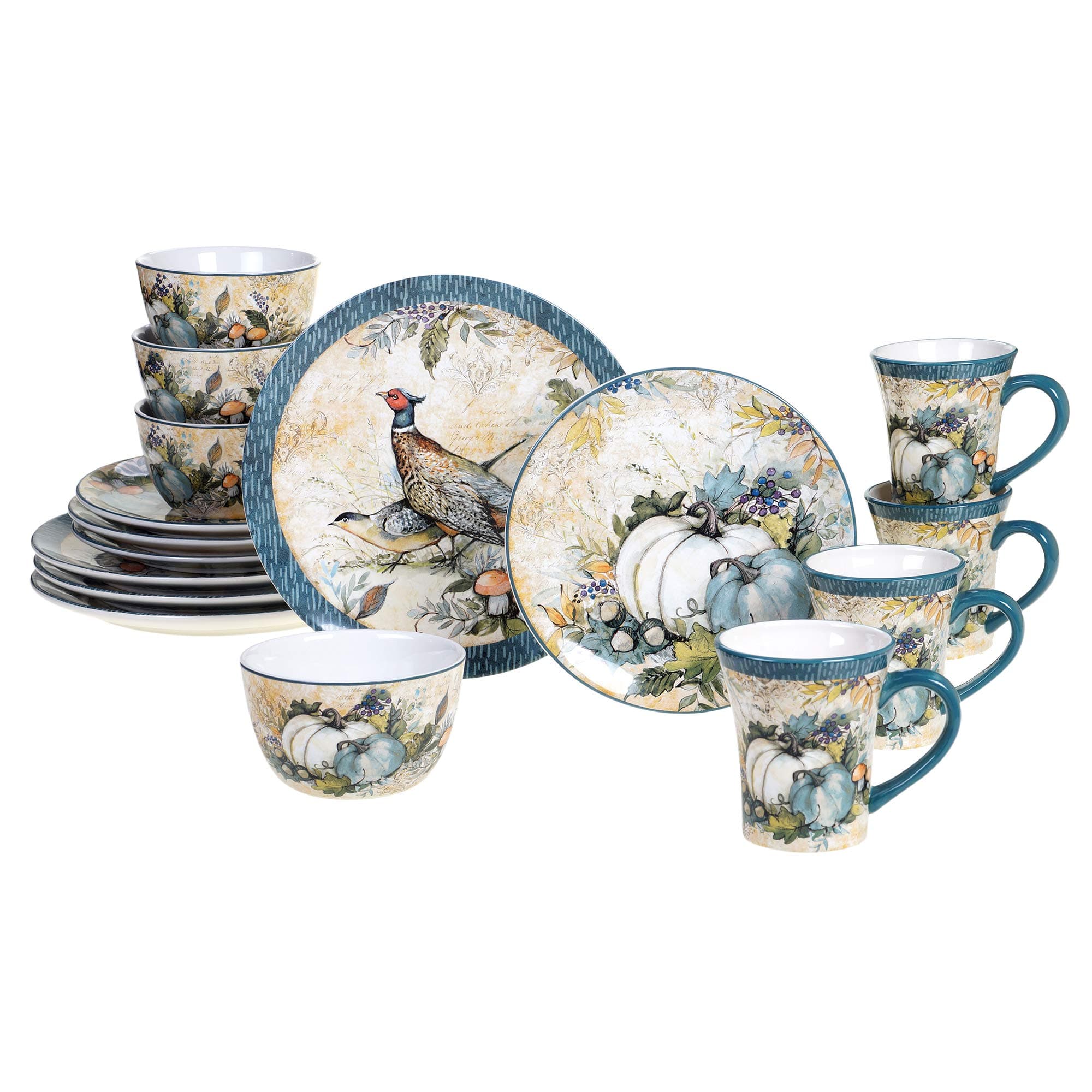 Harvest Gatherings 16-Piece Ceramic Dinnerware Set, Service for 4 – Multicolor Fall Plates, Bowls & Mugs with Pumpkin & Pheasant Design – Autumn Tableware for Thanksgiving, Cabin & Holiday Hosting