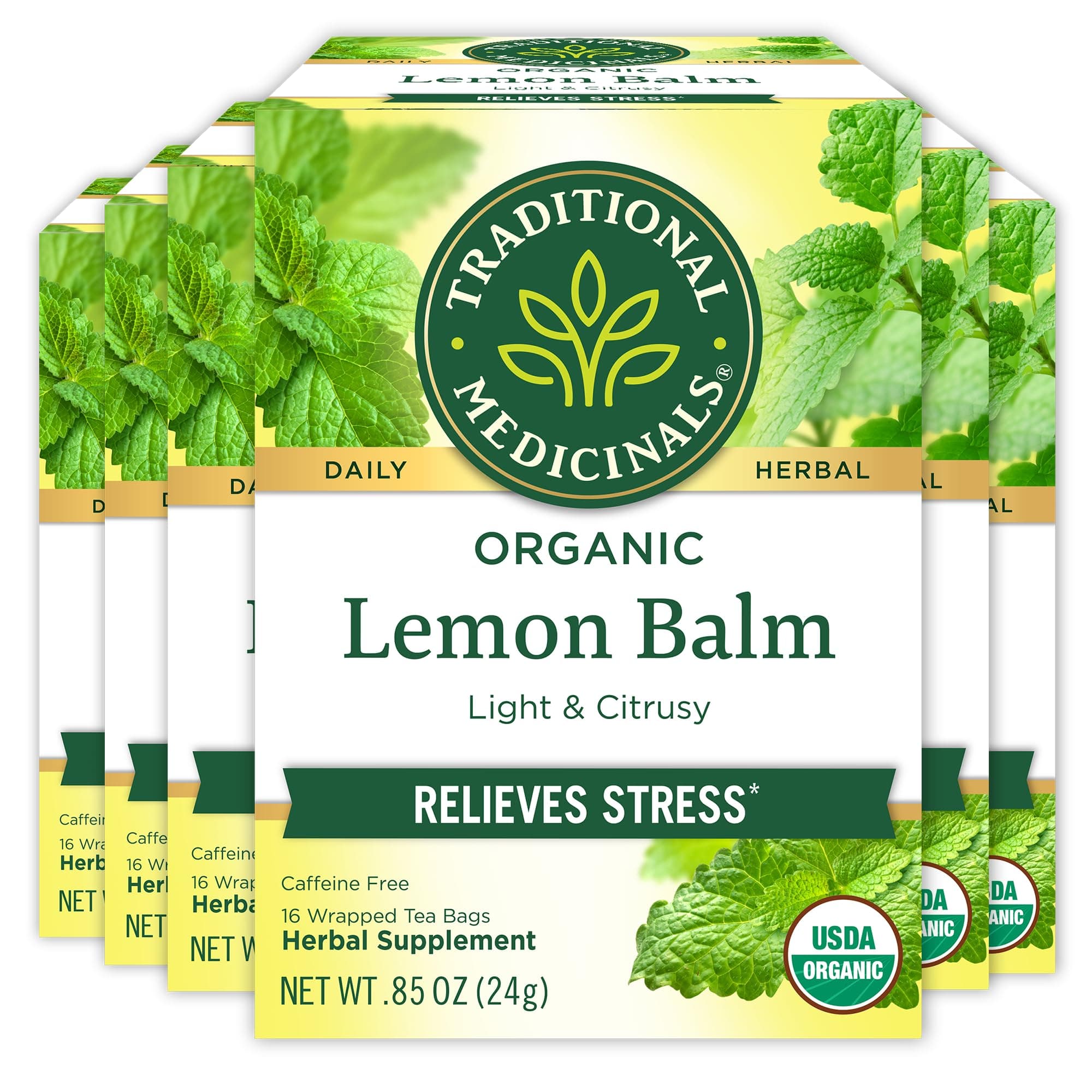 Traditional Medicinals - Organic Lemon Balm Herbal Tea (6 Pack) - Stress Relief & Supports Digestion - 96 Tea Bags Total