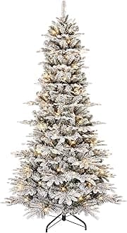 Puleo International 6.5ft Pre-Lit Slim Flocked Aspen Fir Christmas Tree with 350 Clear Lights, 760 Realistic Dense Snow Flocked Branch Tips, Easy Setup Artificial Trees with Sturdy Metal Stand