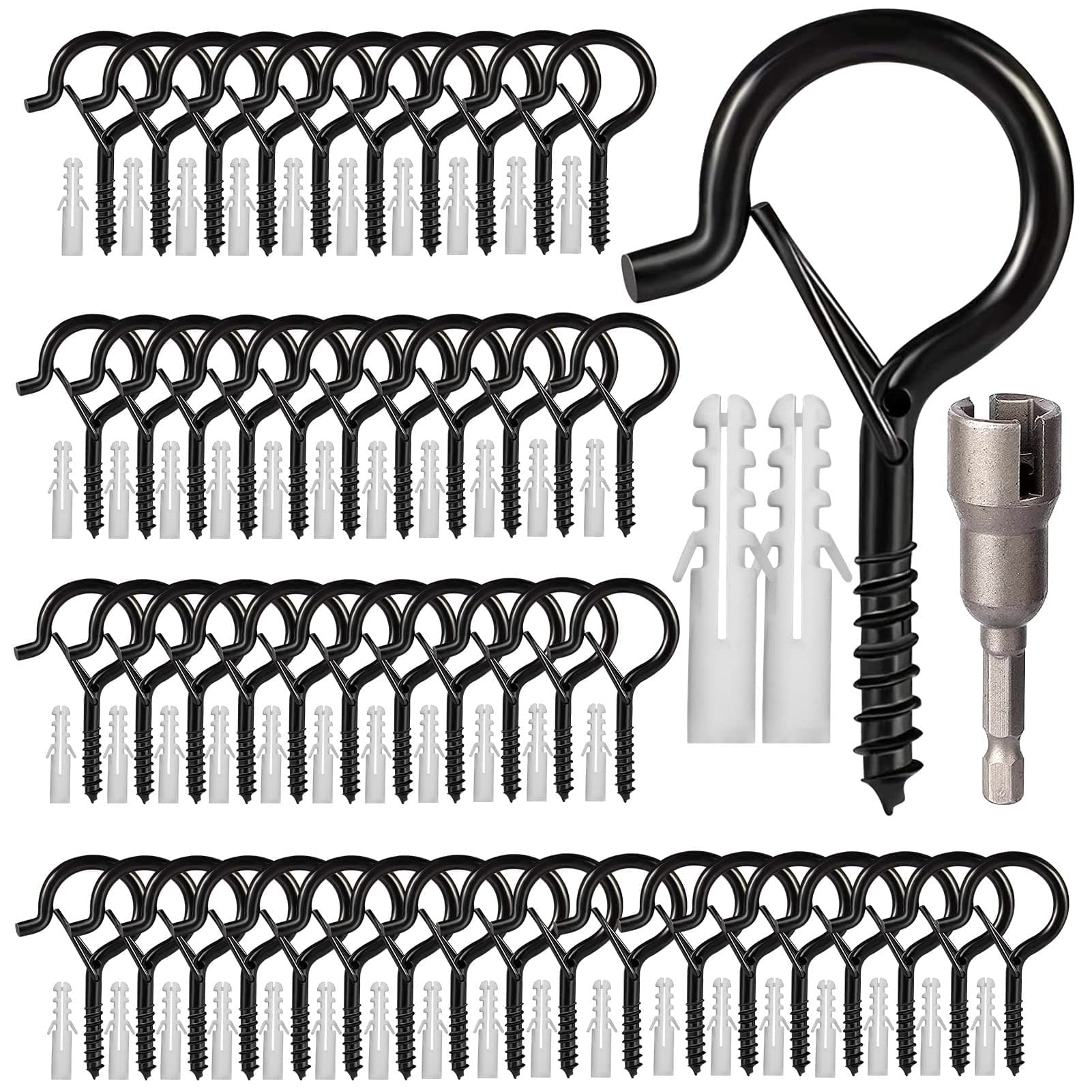 Hooks for Outdoor String Lights, 52 Pack Screw Hooks for Hanging Plants Led Party Lights Garage Wind Chimes, Black Heavy Duty Q Hanger Ceiling with Safety Buckle, Box and Wing Nut Driver