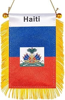 WXTWK 3 X 5 Inch Haiti Flag Haitian Window Hanging Flag Small Mini Car Flags Banners Rearview Mirror Decoration With Suction Cup Golden Fringy Banner
