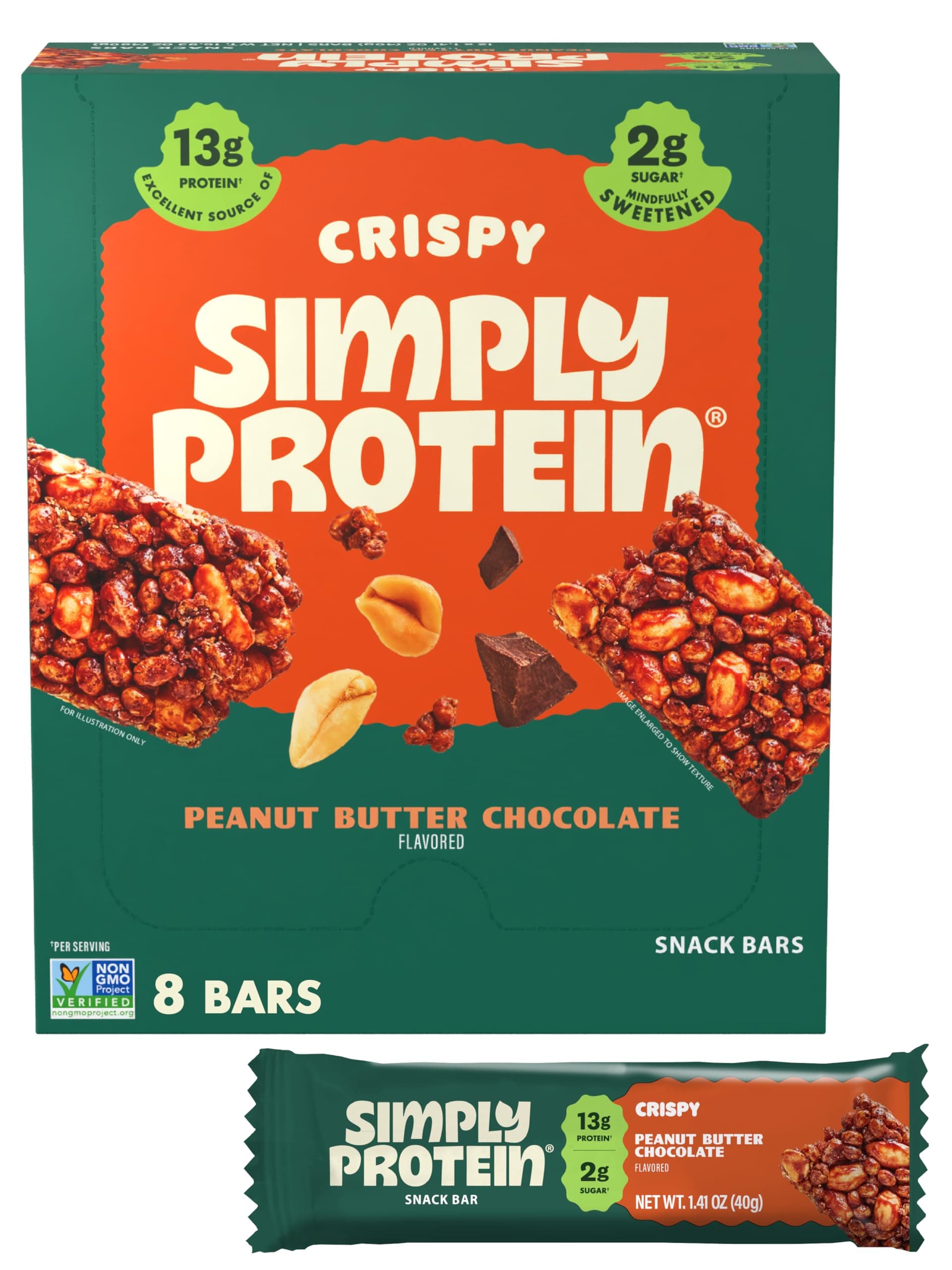 Peanut Butter Chocolate Crispy Bars - Plant Based Protein Bars - Low Carb, Low Sugar, High Fiber - 13g Protein, 2g Sugar, 7g Fiber - Vegan, Gluten Free, Non GMO, Kosher - 8 Bars