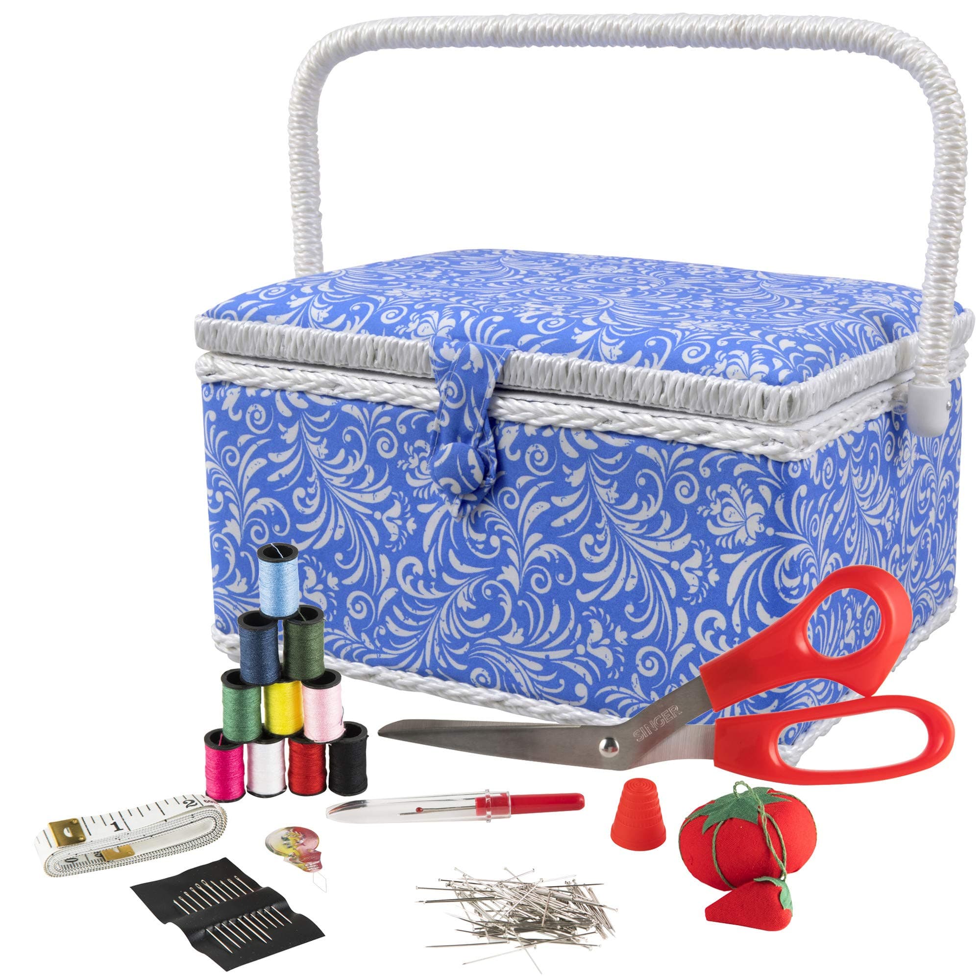 SINGER 07228 Sewing Basket with Sewing Kit, Needles, Thread, Pins, Scissors, and Notions, Deliah Scroll,