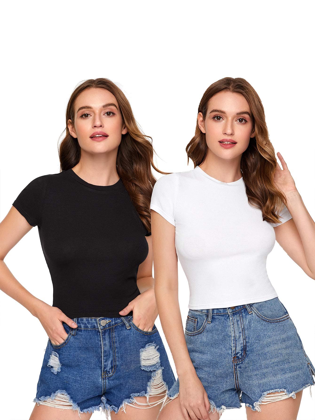 OYOANGLEWomen's 2PCS Ribbed Knit Short Sleeve Slim Fit Basic T-Shirt Tee Set