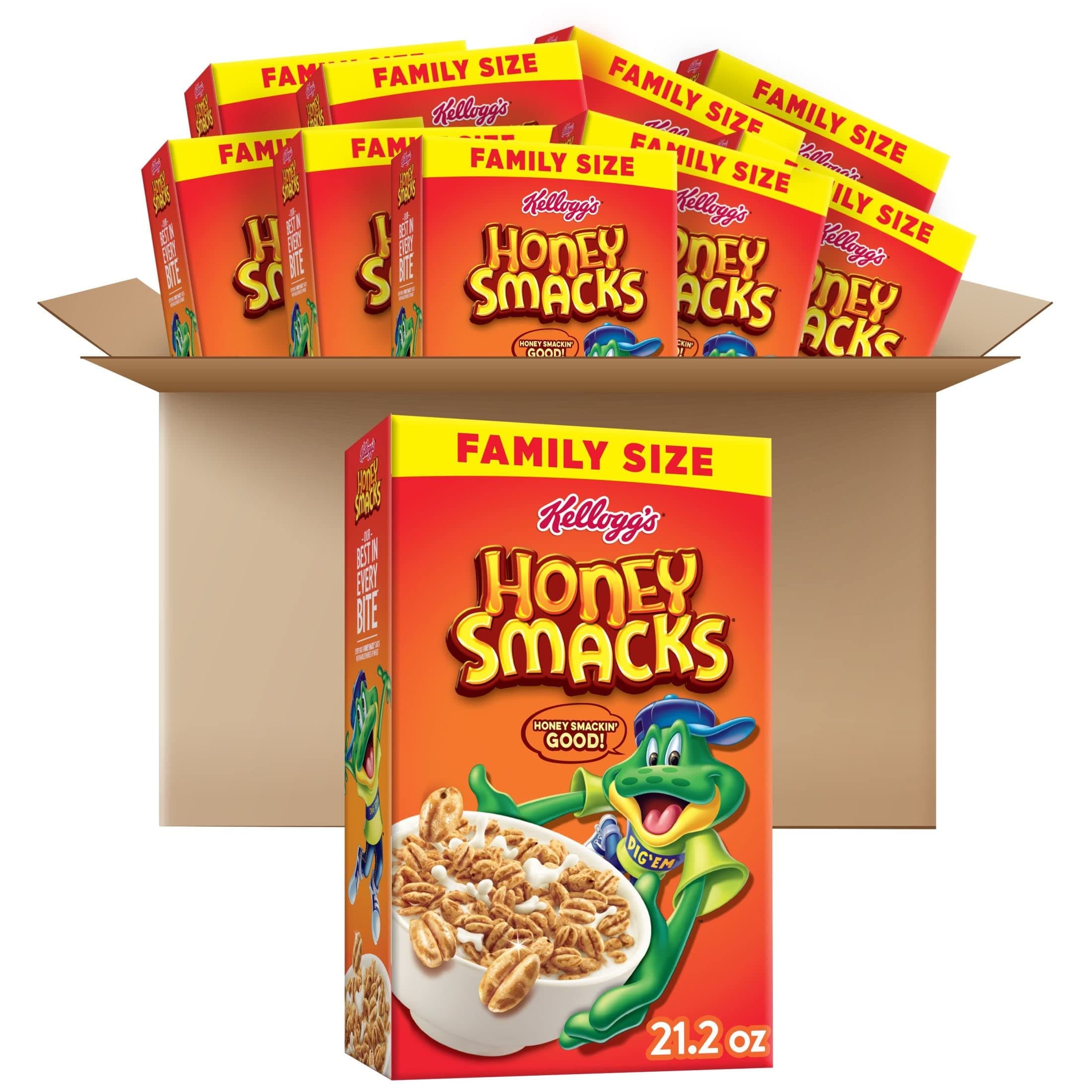 Kellogg's Honey Smacks Cold Breakfast Cereal, Made with Whole Grain, Kids Snacks, Family Size, Original, 13.2lb Case (10 Boxes)