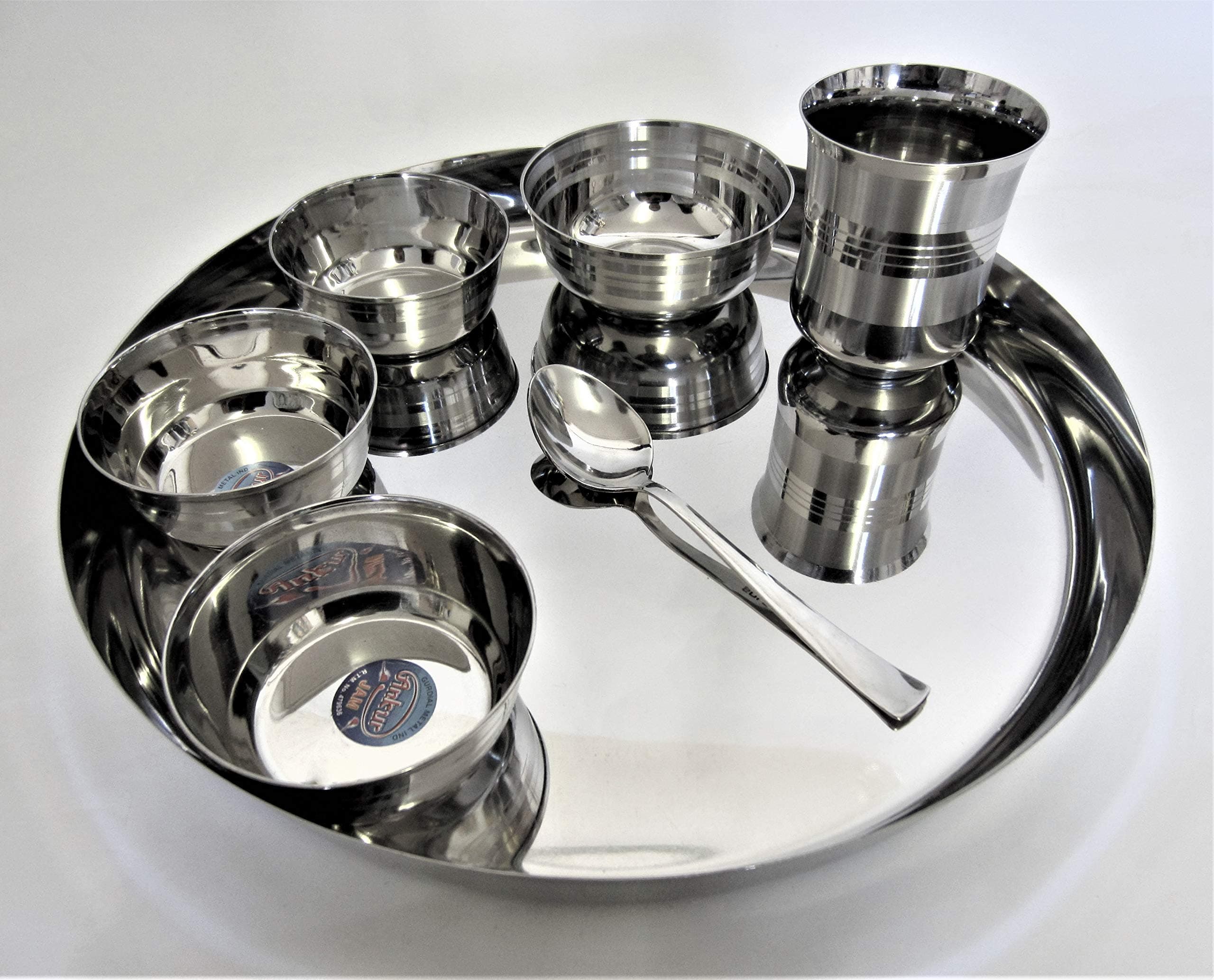 7 pcs Stainless Steel Dinner Set 13" Thali Set. 3 Small & 1 Big Katorie 1 Glass & 1 Spoon