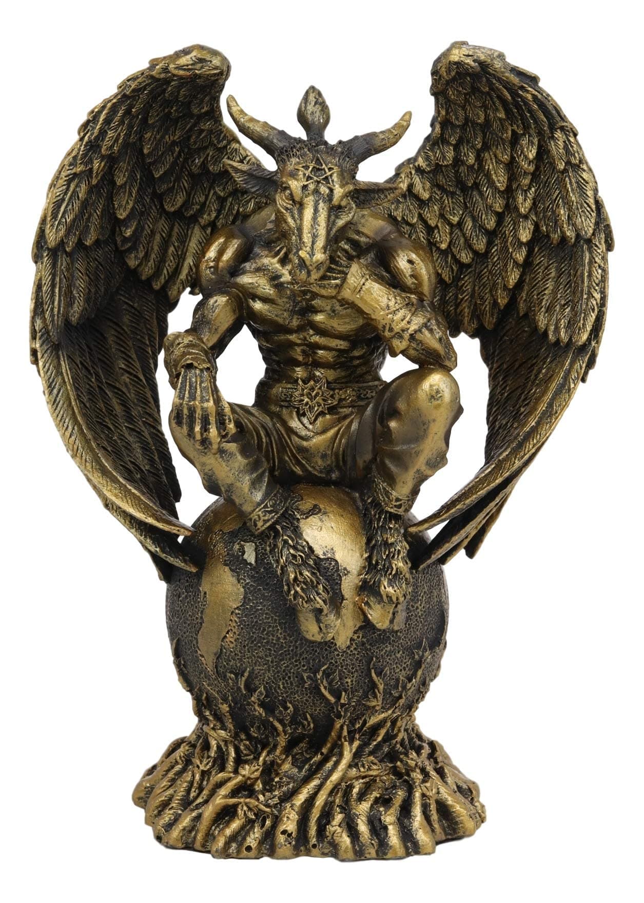 Sabbatic Goat The Thinker Baphomet Sitting On The Globe Statue 7.75" Tall Baphometh with Pentagram Star Idol Altar Figurine Golden Calf Goat of Mendes Decorative Sculpture