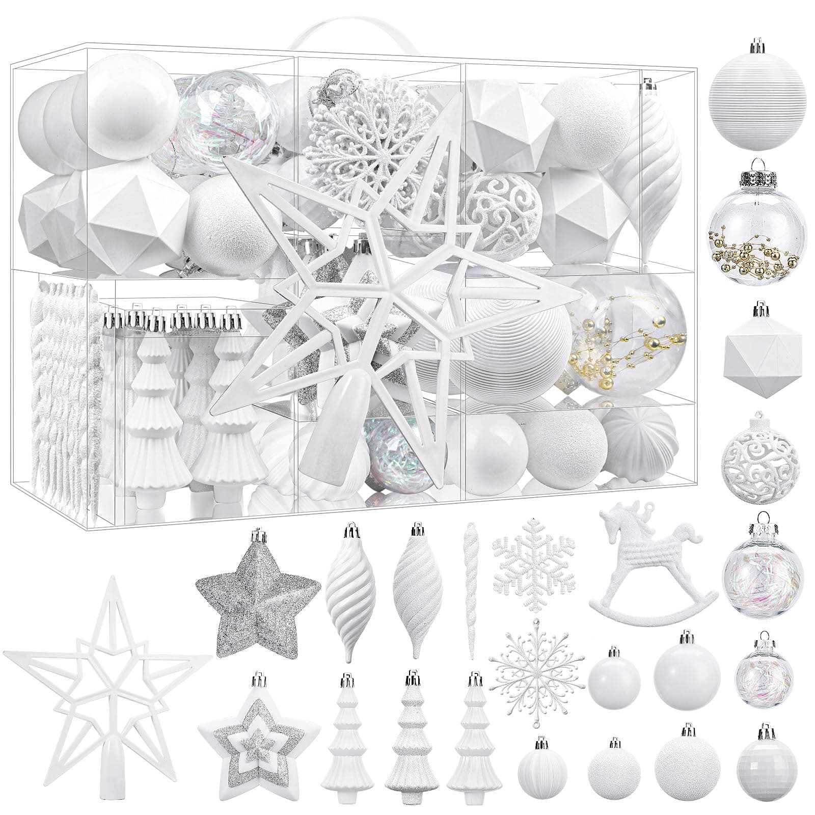 SHareconn 100pcs Christmas Tree Decorations Ornaments Set, Shatterproof Plastic Baubles Decorative Balls for Xmas Tree Decor Holiday Wedding Party, White