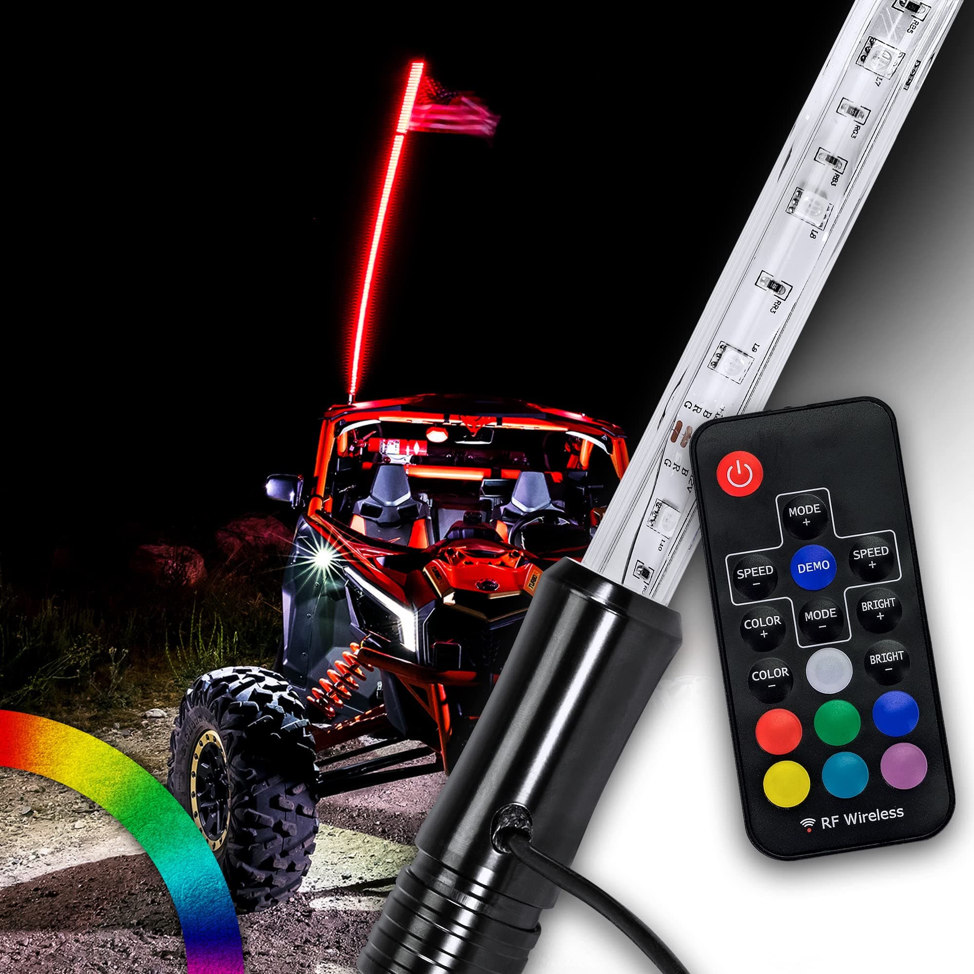 True Mods 3ft RGB LED Whip Light for UTV ATV [RF Wireless Remote] USA Flag Waterproof LED Lighted Whip CB Antenna Pole Stick for RZR Can-Am Polaris SxS 4x4 Quad Dune Buggy 4 Wheeler Accessories